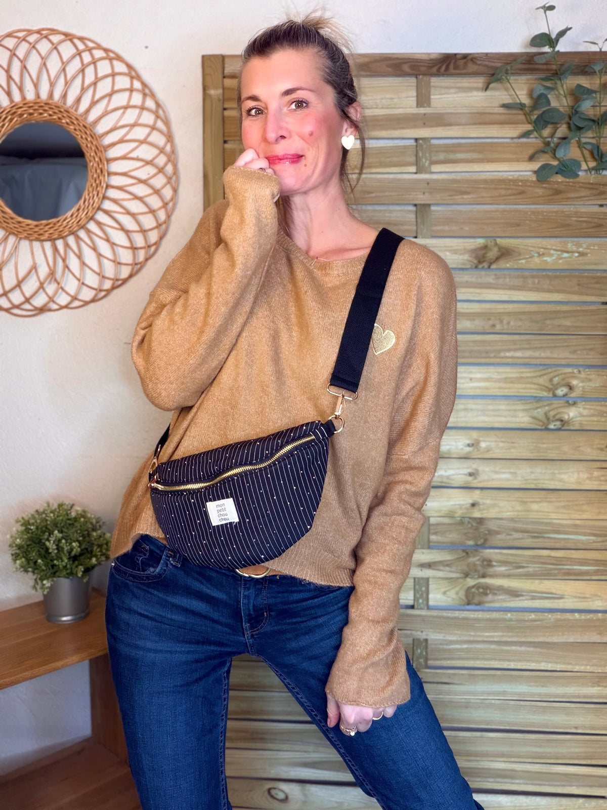 Sac banane avec strass BONNIE - Rayée noir