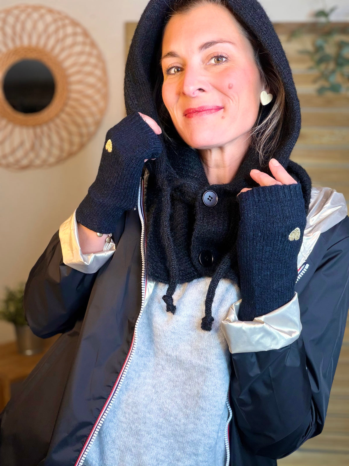 Col cagoule LORIE en maille avec boutons - Noir