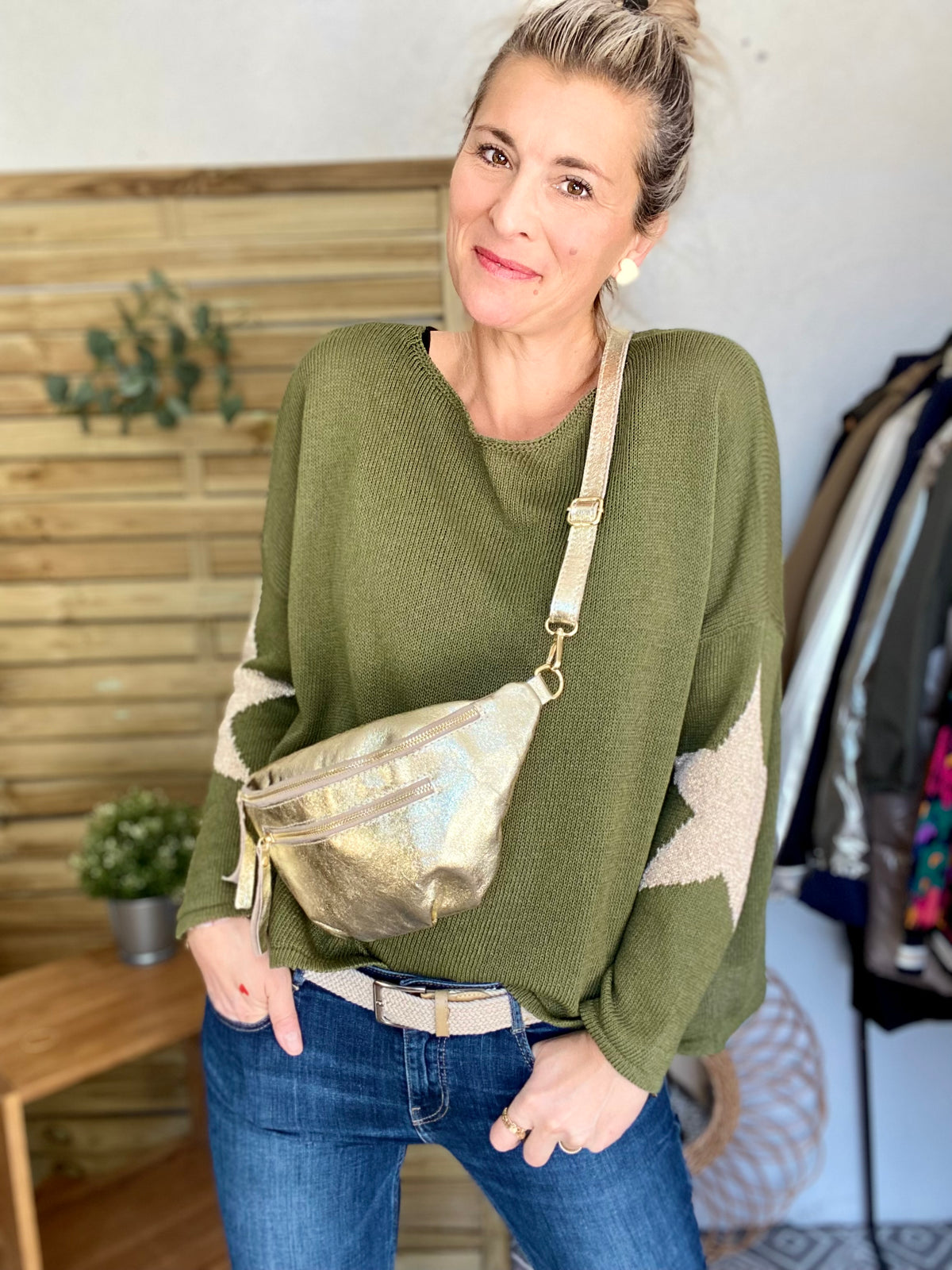 Sac banane en cuir irisé double poche - ERYN fronces - Doré