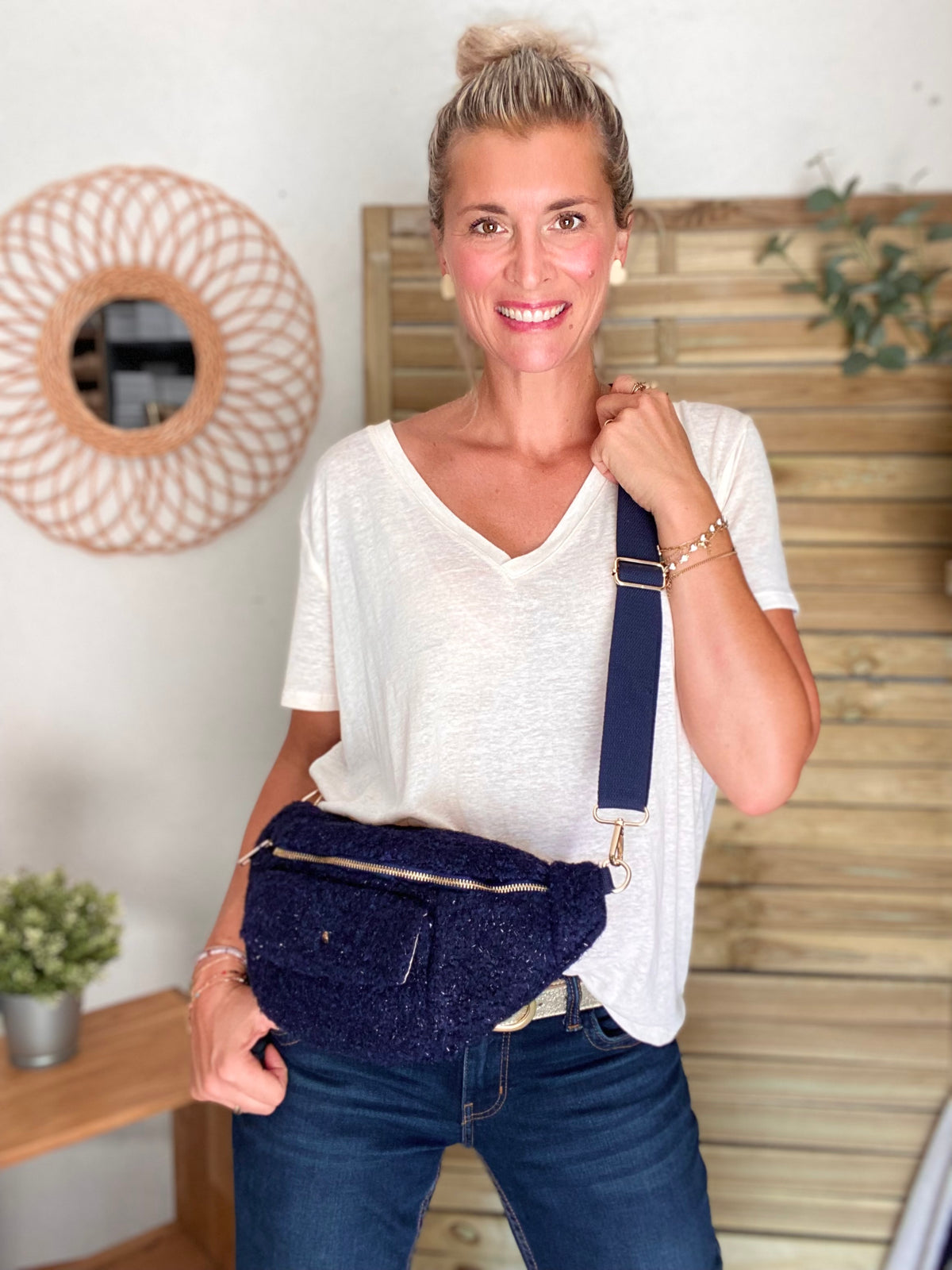 Sac banane XL moumoute lurex avec poche avant - CHELSEA - Marine - FIN DE SÉRIE