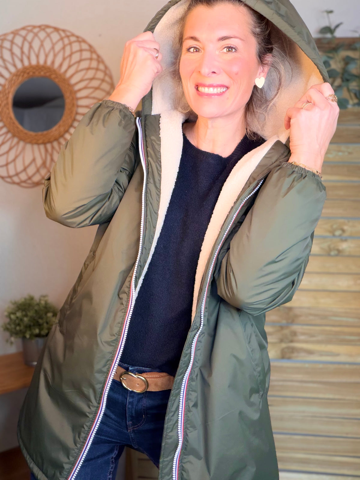LAURA JO - Parka Imperméable LOUISE LONG Sherpa écru - Kaki • DÉSTOCKAGE sur taille S