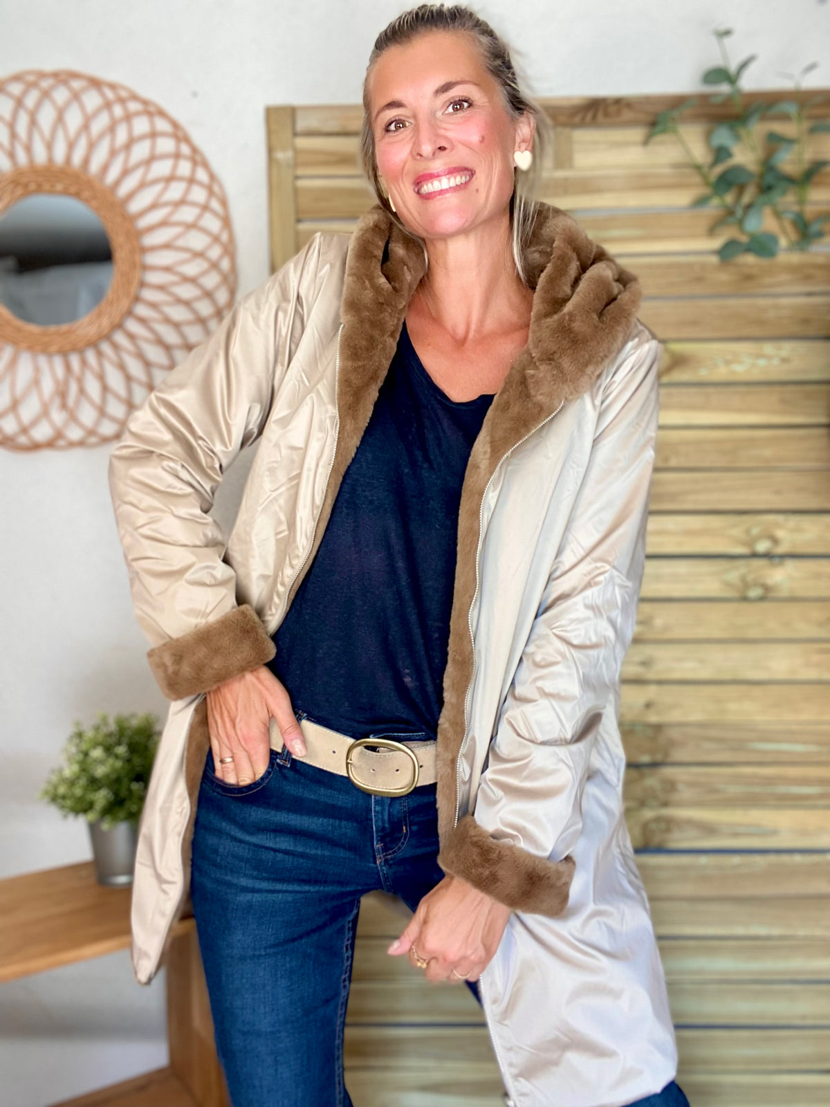 LAURA JO - Parka Imperméable réversible fourrée Sable irisé / Camel ALIX Long