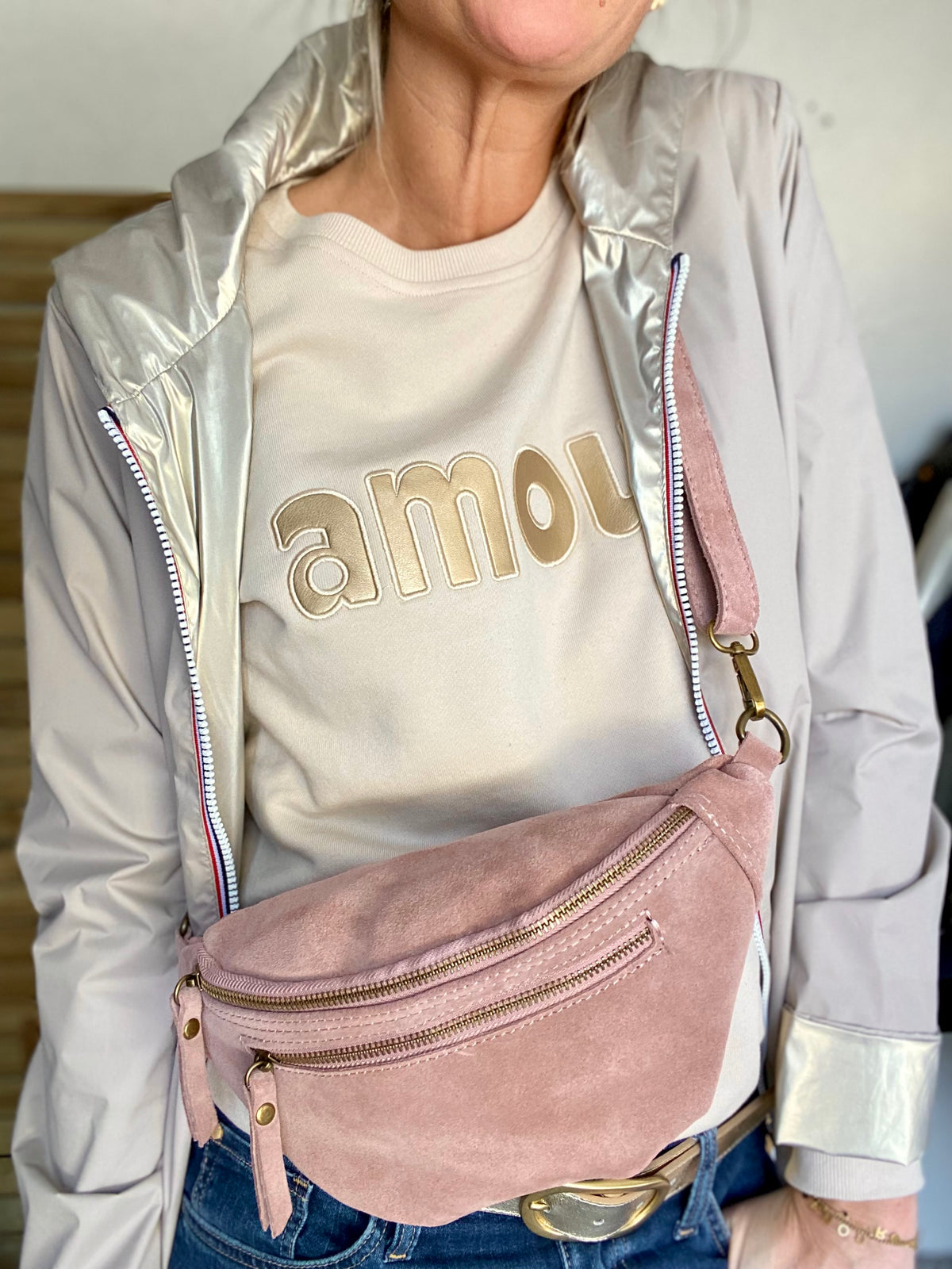 Sac banane double poche en cuir daim - OPALINE - Rose clair / Vieux rose