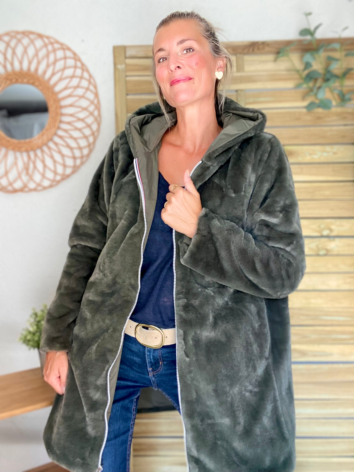 LAURA JO - Parka Imperméable réversible fourrée Kaki / Kaki ALIX Long • DÉSTOCKAGE sur Taille S