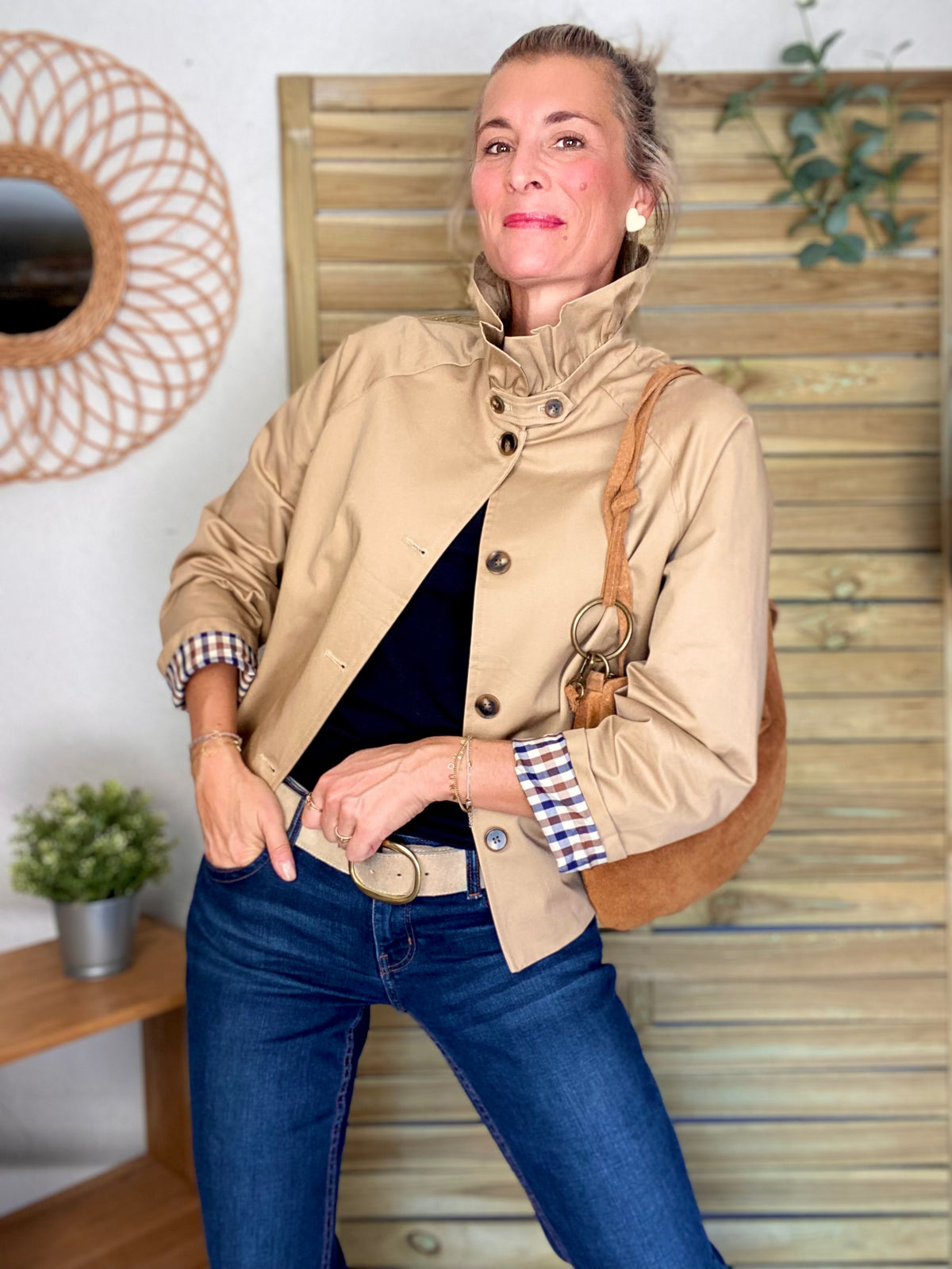 Veste Trench col victorien doublure carreaux - VICTORIA Beige Taupe