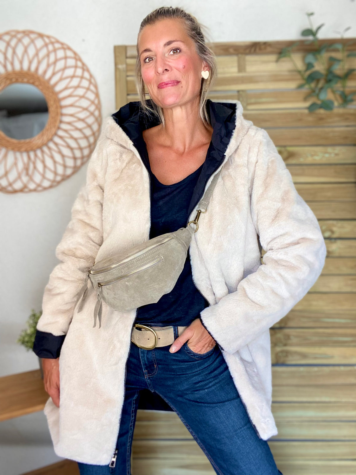 LAURA JO - Parka Imperméable réversible fourrée Noir / Beige ALIX long