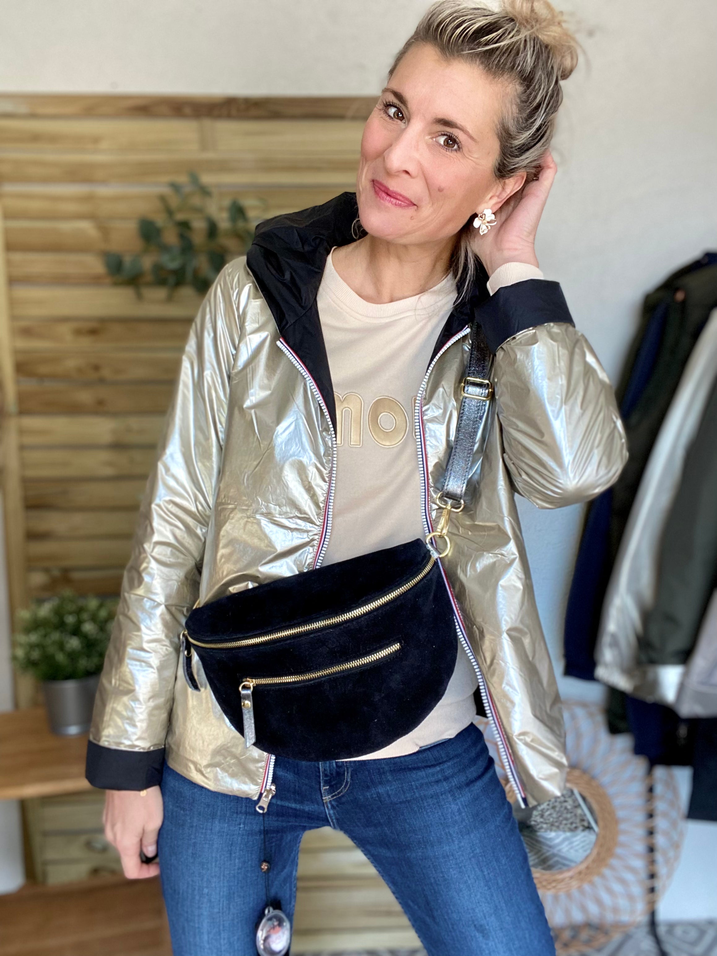 Sac banane XL 2 zips en cuir velours et irisé 30cm TERRY - Noir