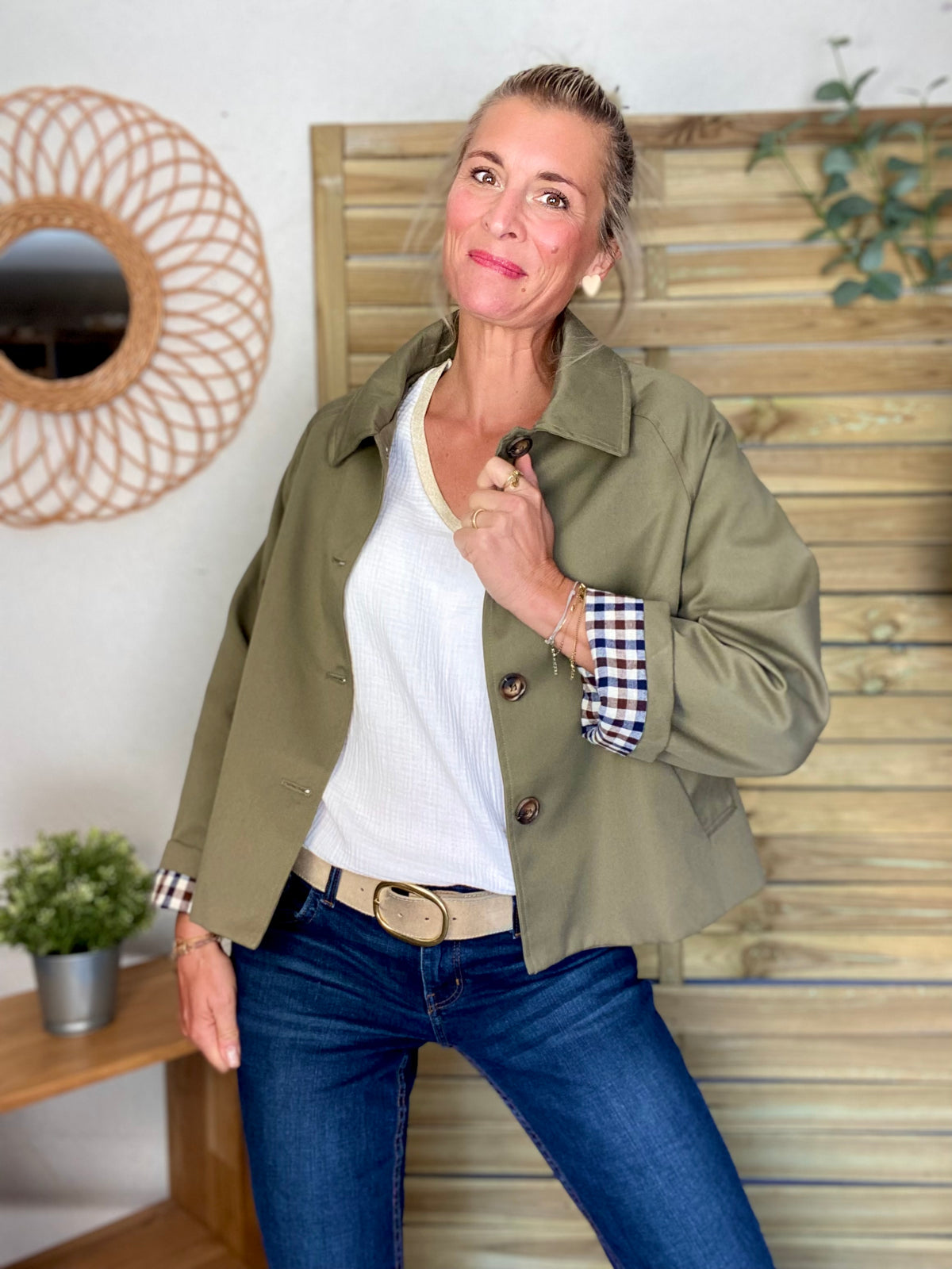 Veste Trench en coton, revers carreaux - YSEULT court Kaki