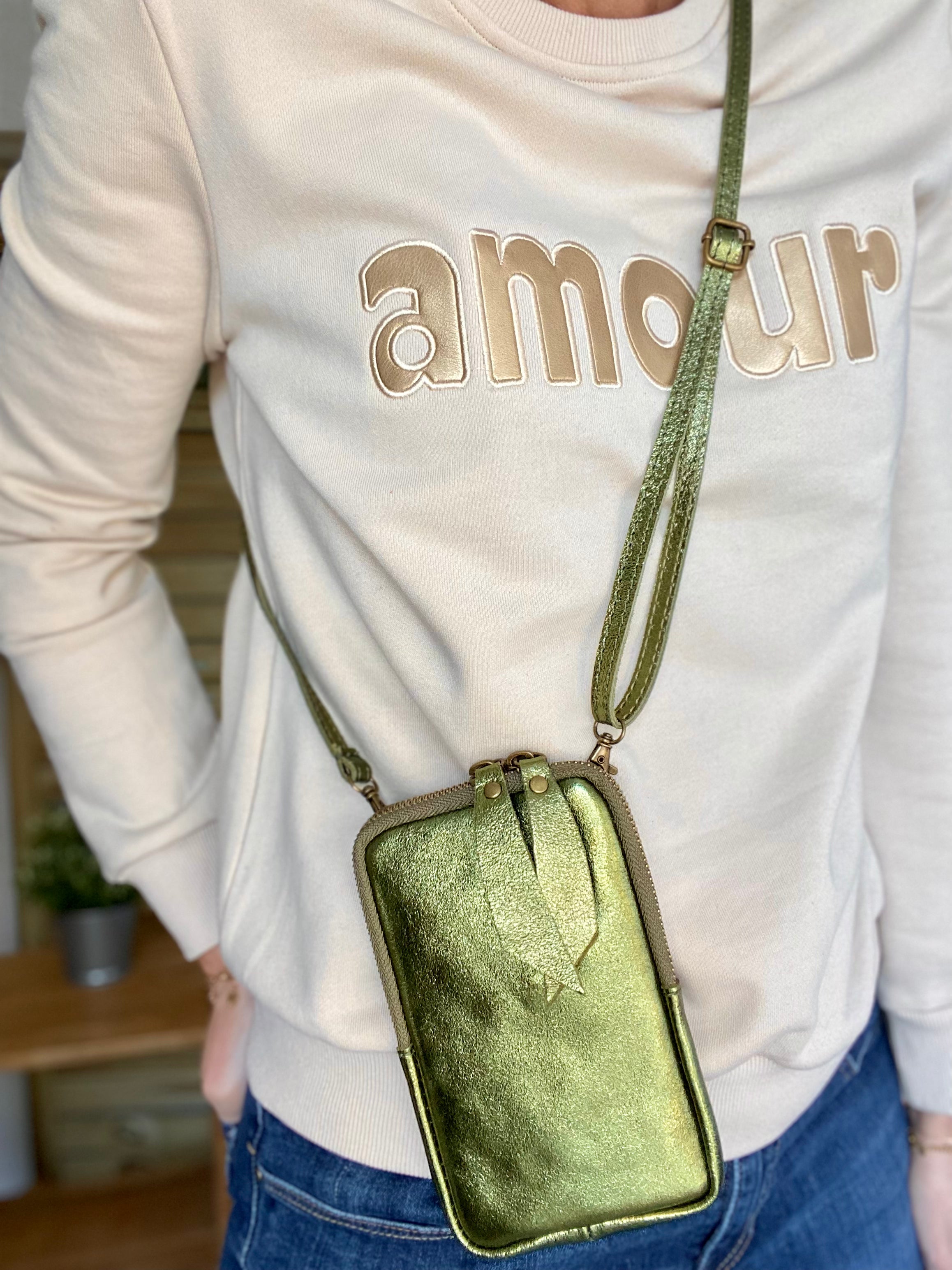 Pochette bandoulière pour téléphone en cuir irisé - STELLA - Kaki - FIN DE SÉRIE