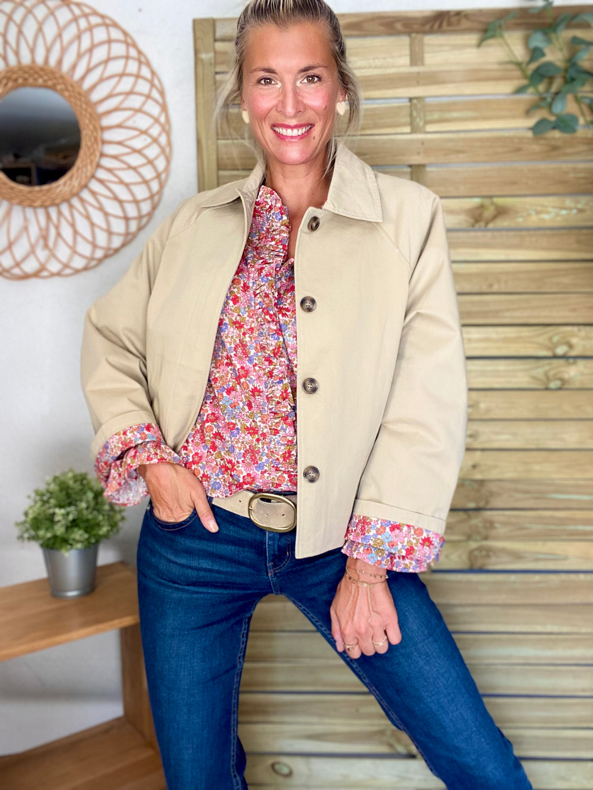 Veste Trench en coton beige avec Liberty - MAHAUT - LILI et LALA