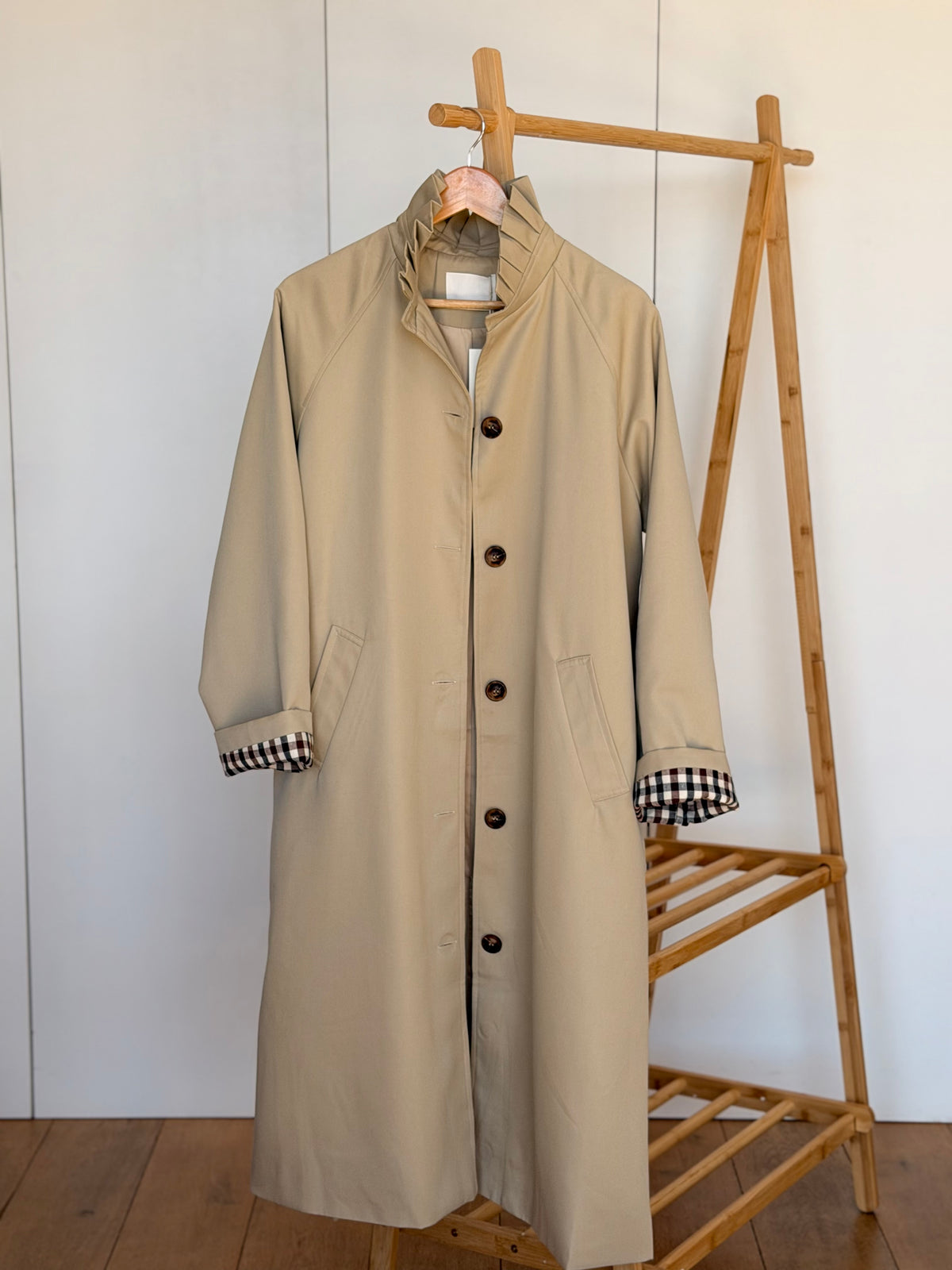 Veste Trench col victorien, revers carreaux - VICKY LONG Beige