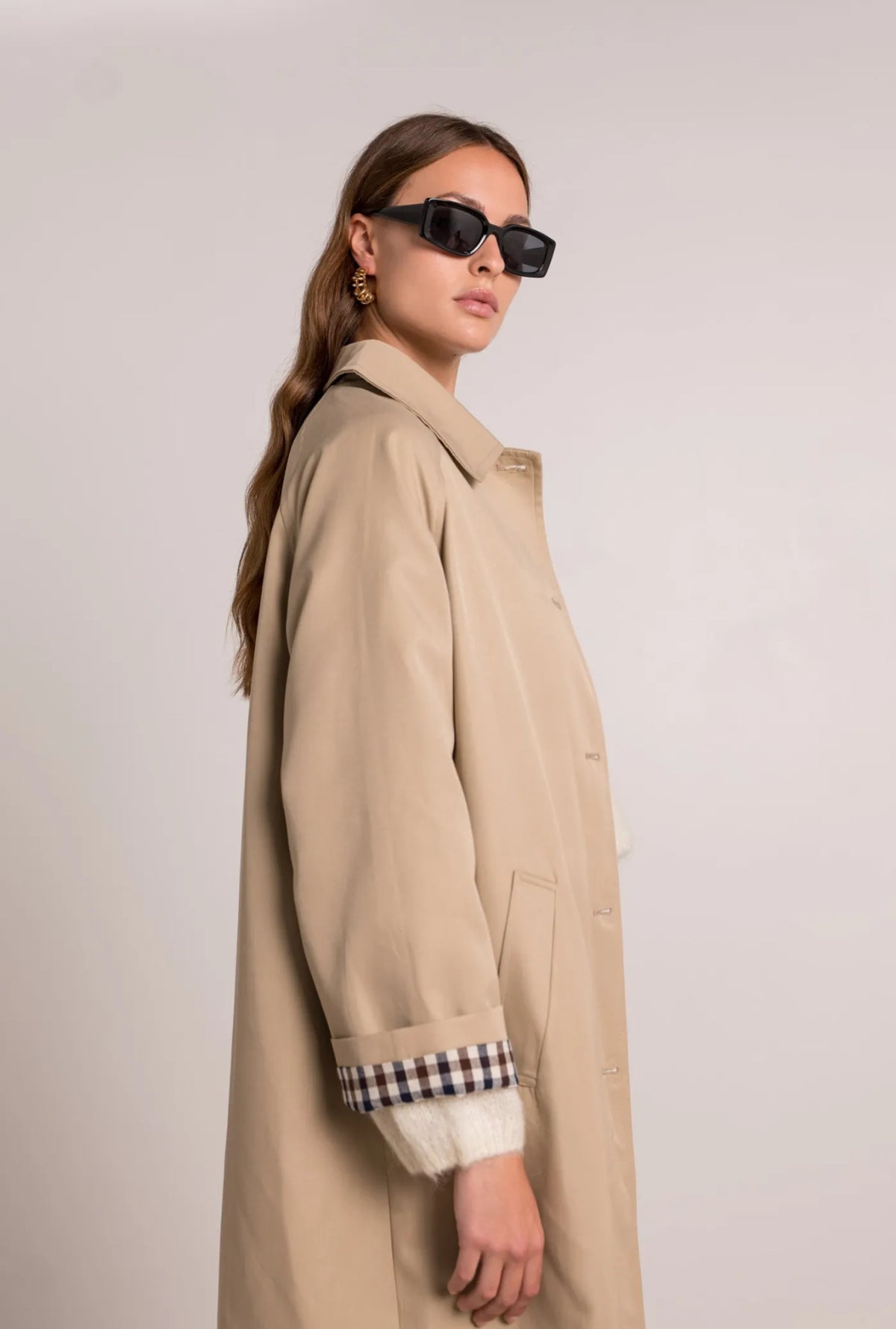 Veste Trench en coton, revers carreaux - YSEULT long Beige
