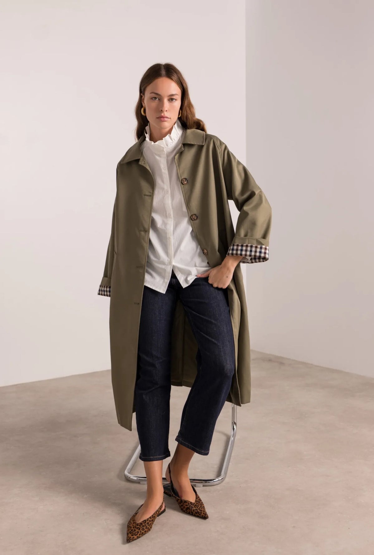 Veste Trench en coton, revers carreaux - YSEULT long Kaki