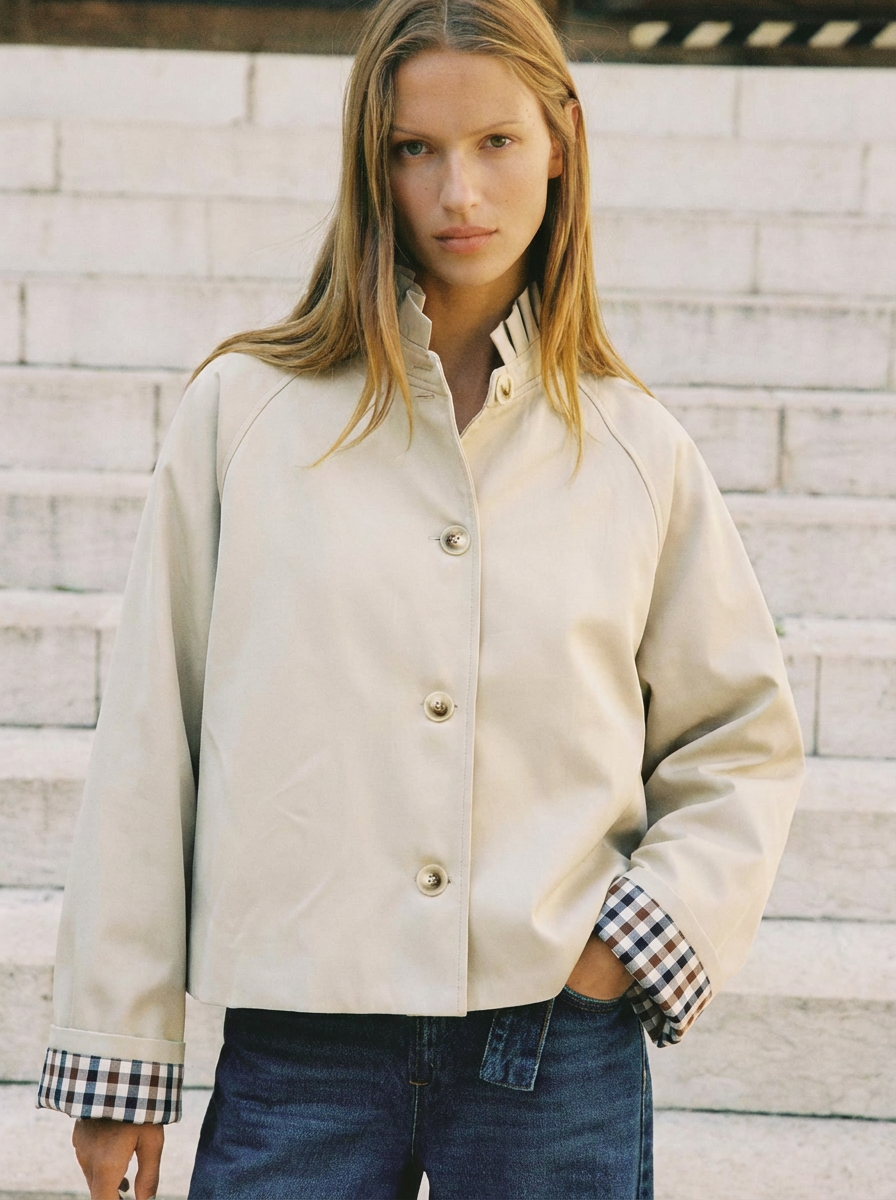 Veste Trench col victorien, revers carreaux - VICKY Beige