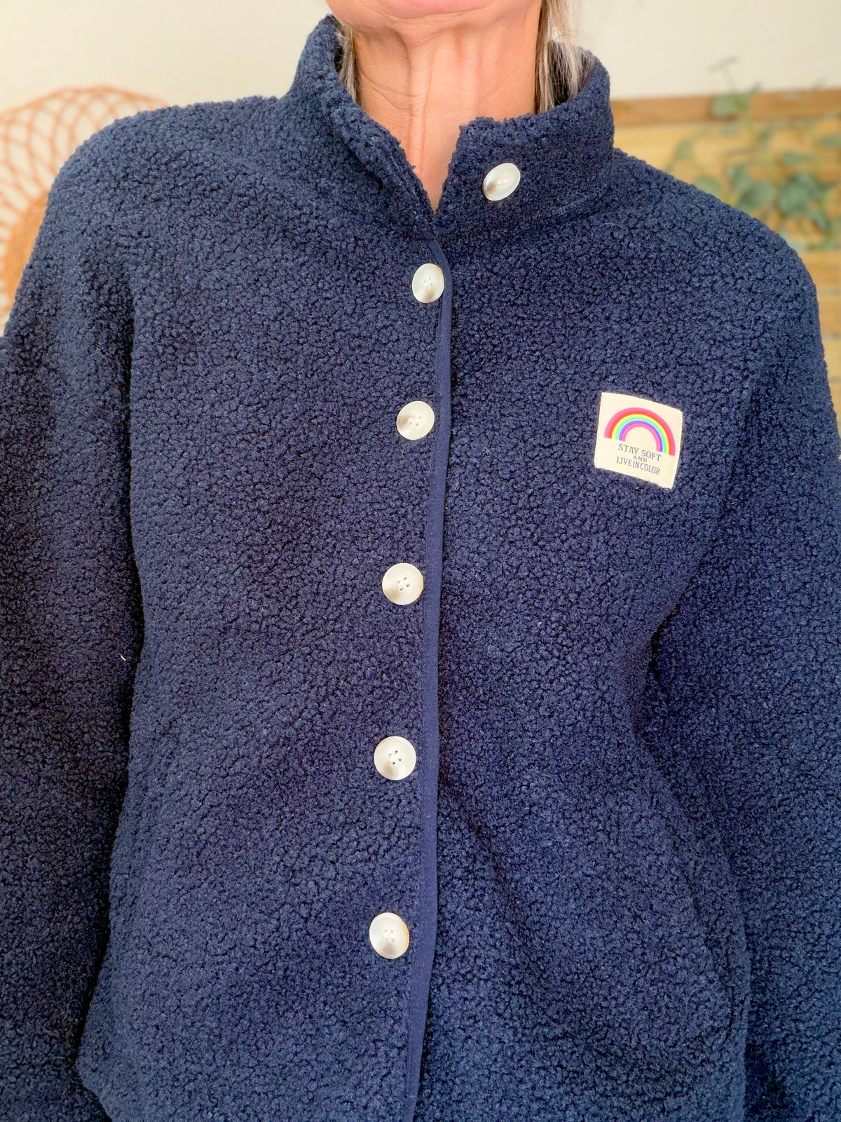 Veste Sherpa boutonnée écusson Arc-en-ciel ÉNORA Bleu marine