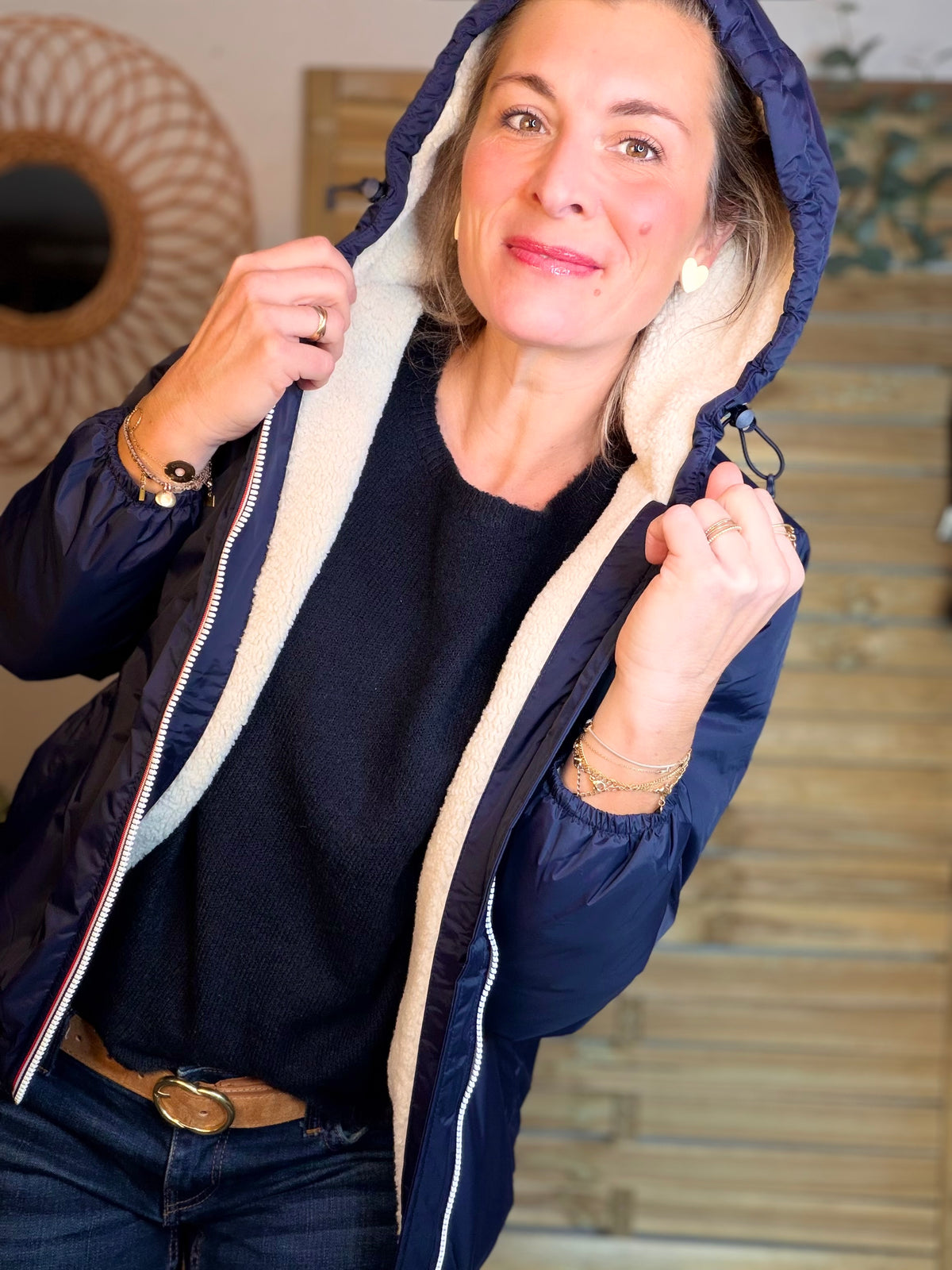 LAURA JO - Parka Imperméable LOUISE COURT sherpa - Bleu marine • DÉSTOCKAGE Taille L