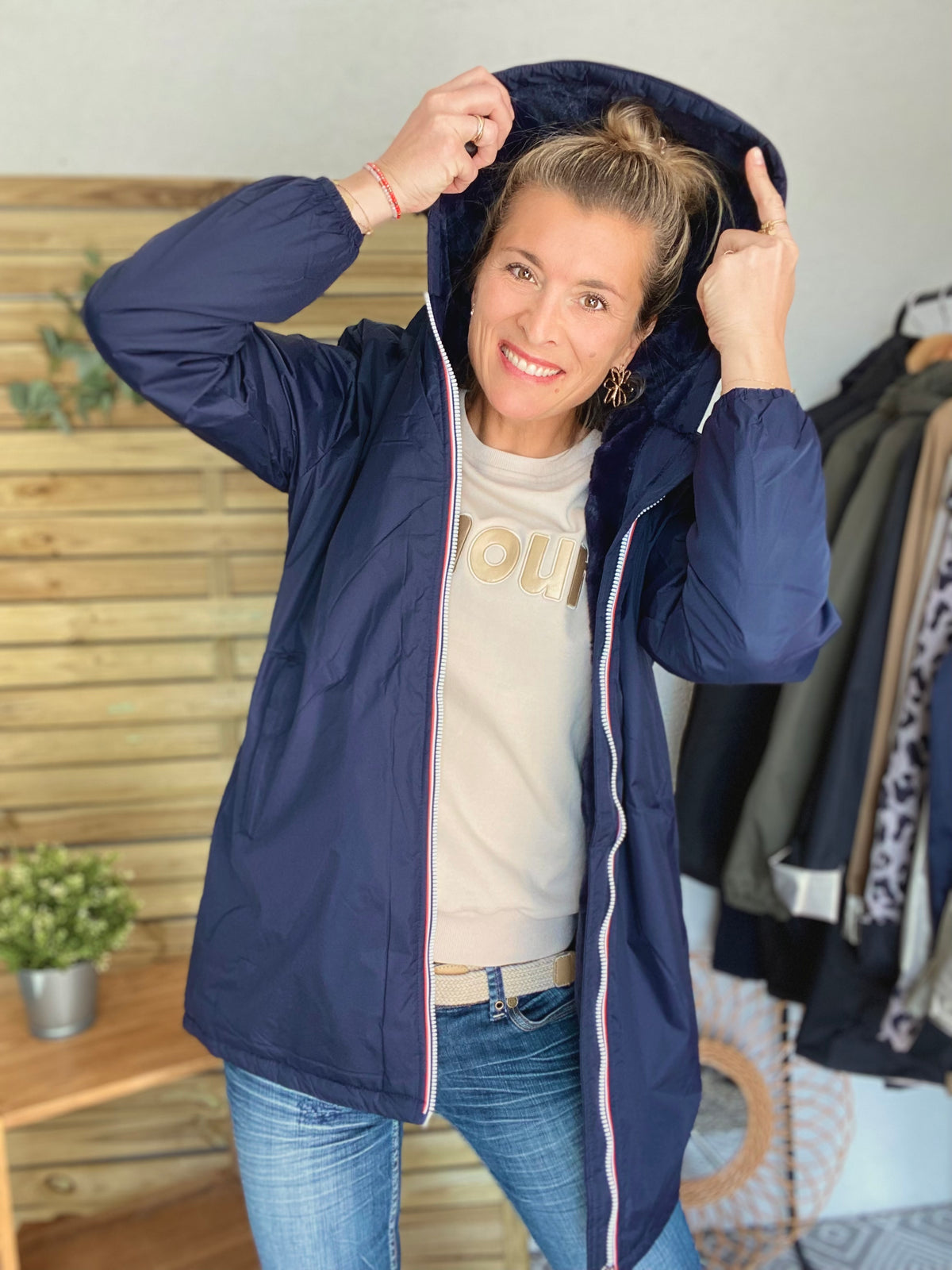 LAURA JO - Parka Imperméable LOUISE LONG fourré - Bleu Marine • DÉSTOCKAGE Taille S