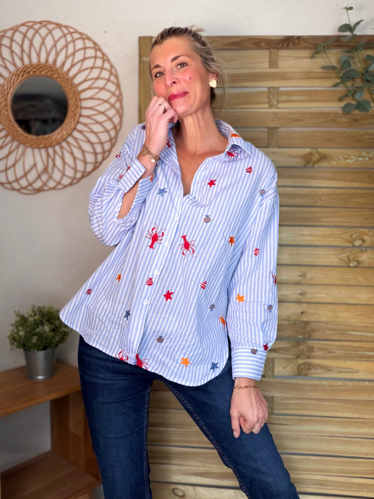 Chemise bleue à rayures coquillages et crustacés - ELORY - FIN DE SÉRIE