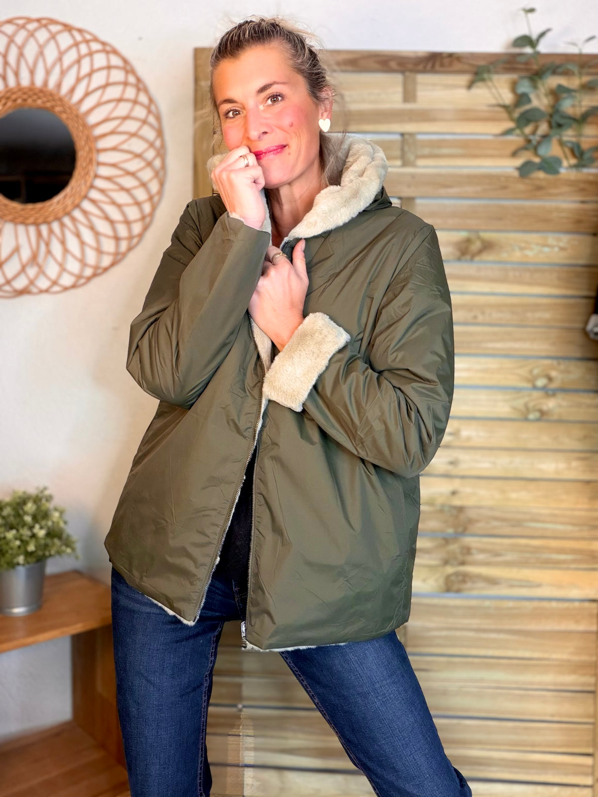 LAURA JO - Parka Imperméable réversible fourrée Kaki / Beige ALIX Court
