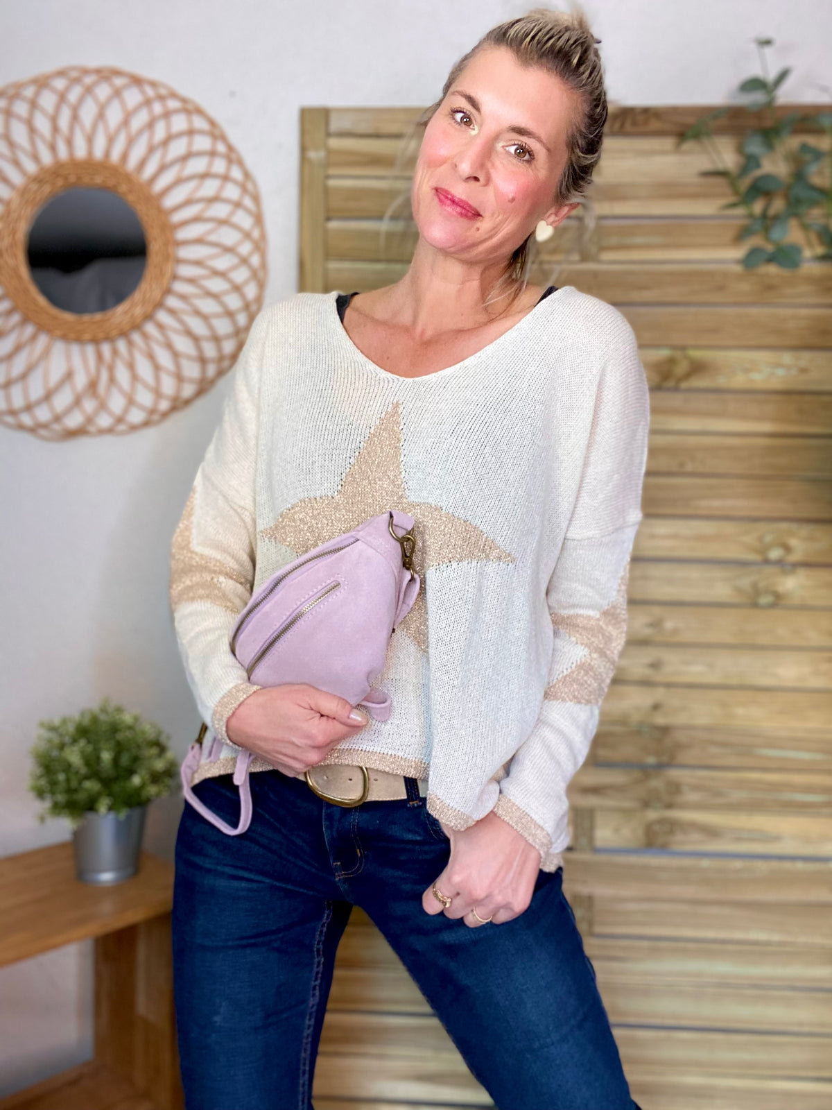 Sac banane double poche en cuir daim - OPALINE - Lilas