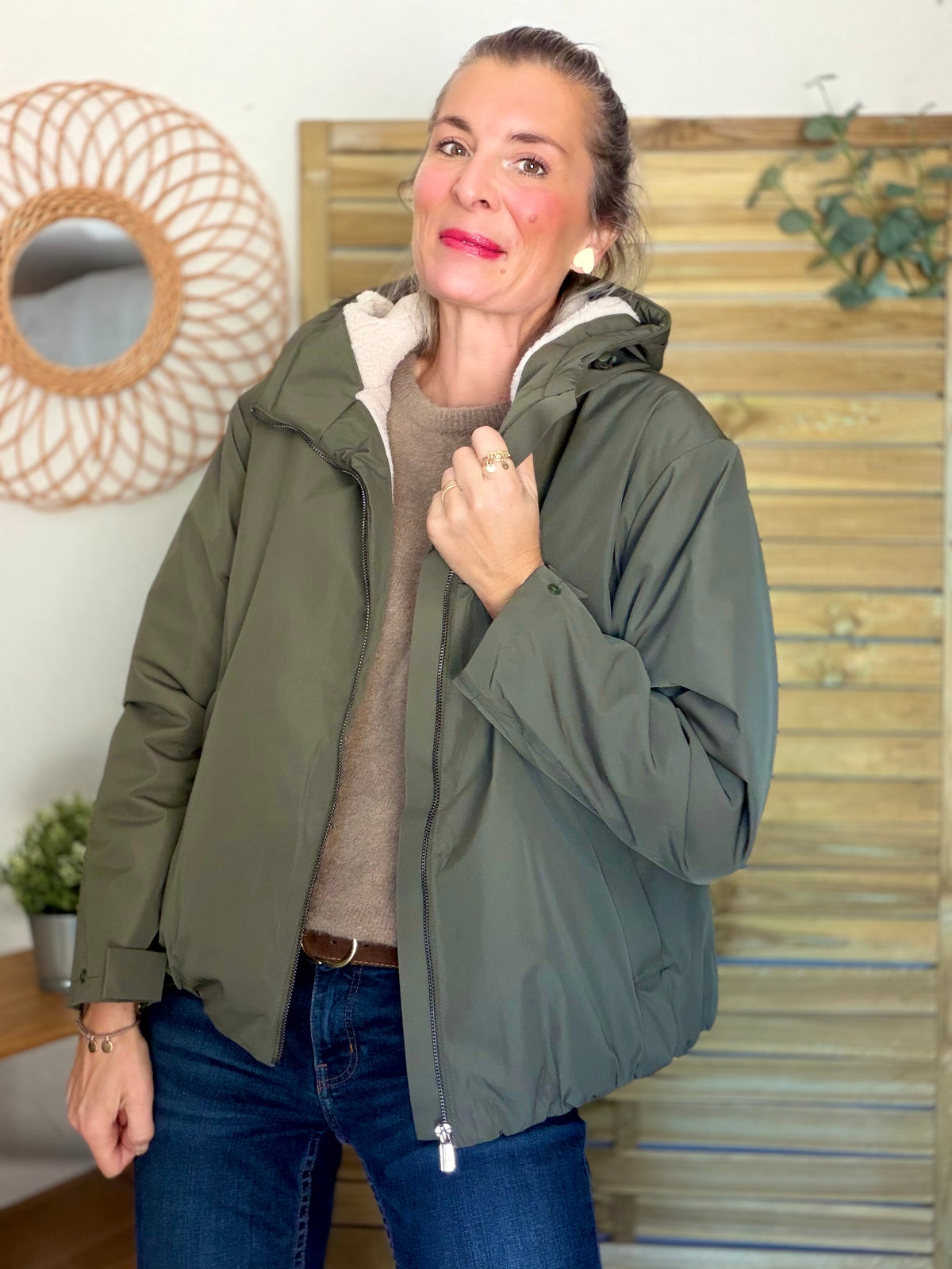 LAURA JO - Imperméable fourré sherpa EVA court - Kaki