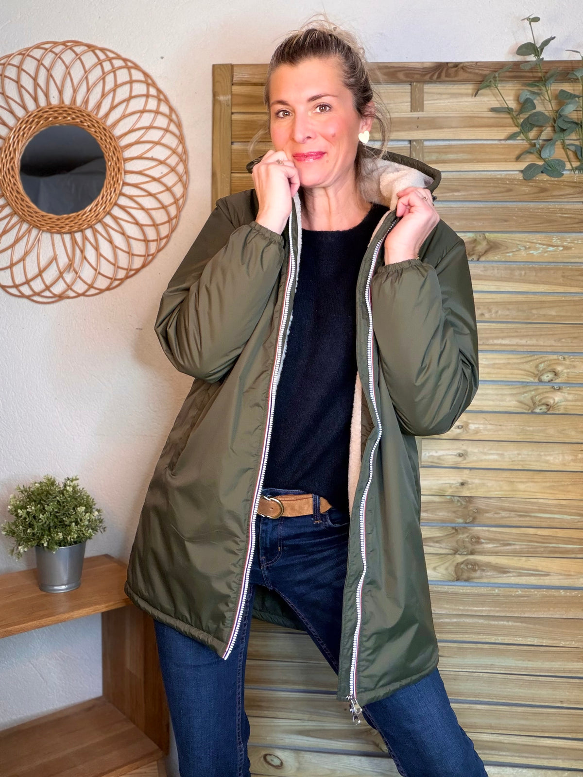 LAURA JO - Parka Imperméable LOUISE LONG Sherpa écru - Kaki • DÉSTOCKAGE sur taille S