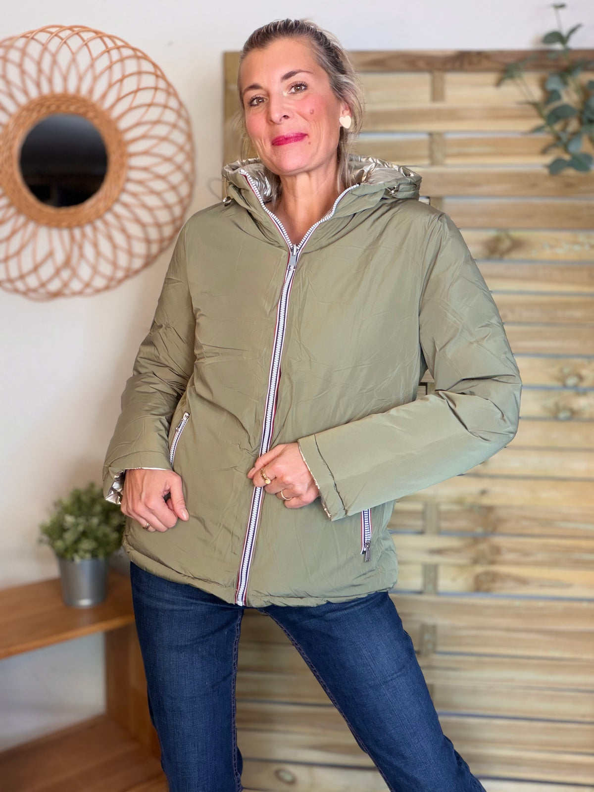 Doudoune imperméable réversible ANGÈLE COURT - Kaki clair - MELYA MELODY (DÉSTOCKAGE sur Taille S)
