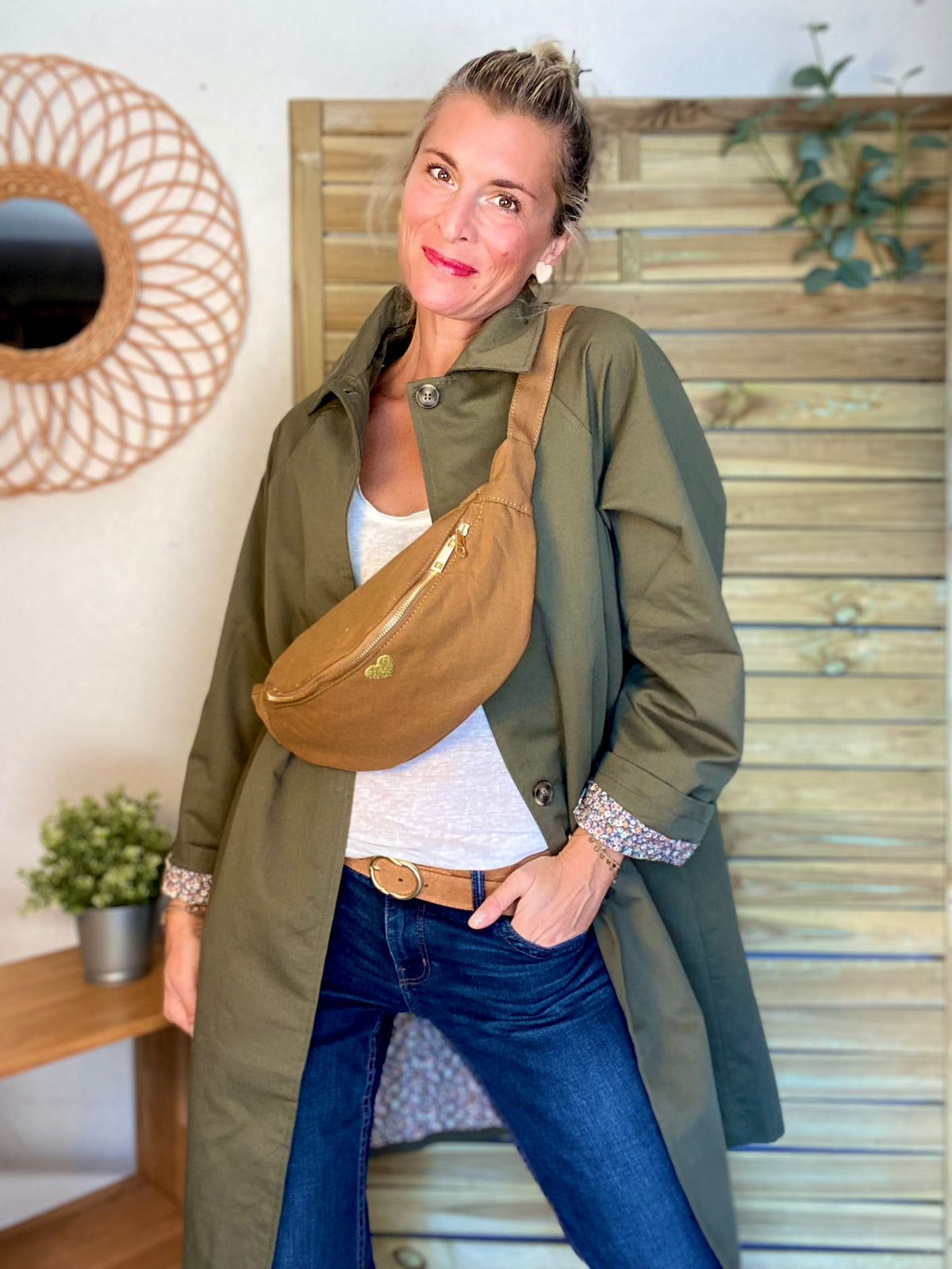 Veste Trench en coton kaki avec Liberty - MAHAUT MI LONG - LILI et LALA • DÉSTOCKAGE sur Taille S