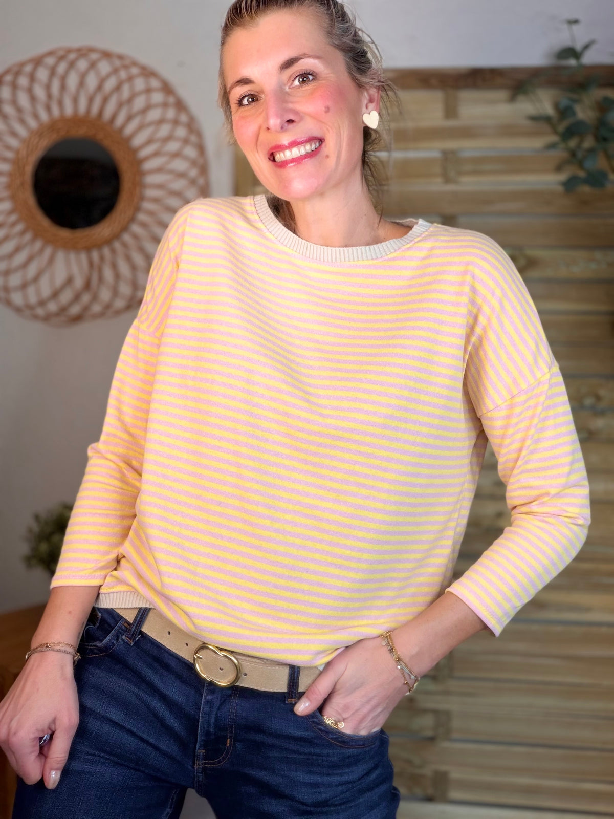 Pull fin rayé ample ROMANE - Rose/Jaune - FIN DE SÉRIE