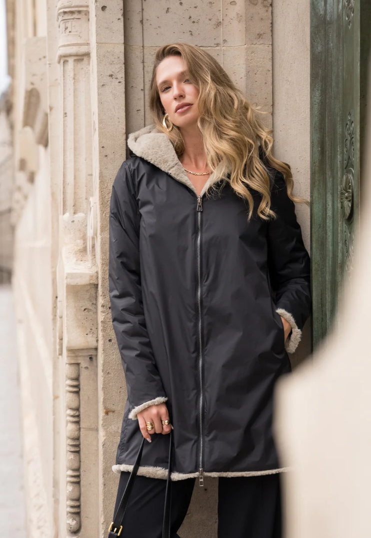 LAURA JO - Parka Imperméable réversible fourrée Noir / Beige ALIX long