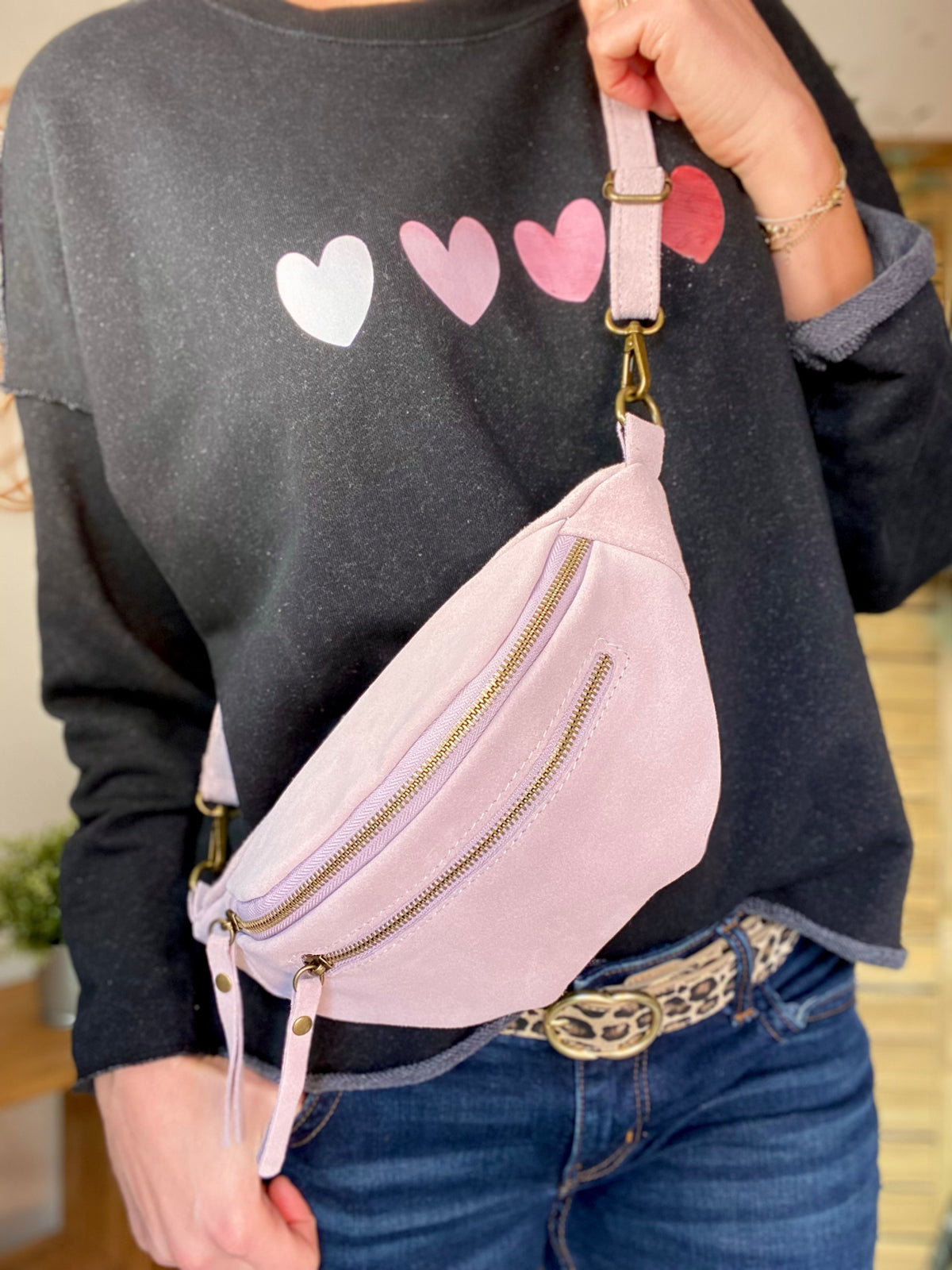 Sac banane double poche en cuir daim - OPALINE - Lilas