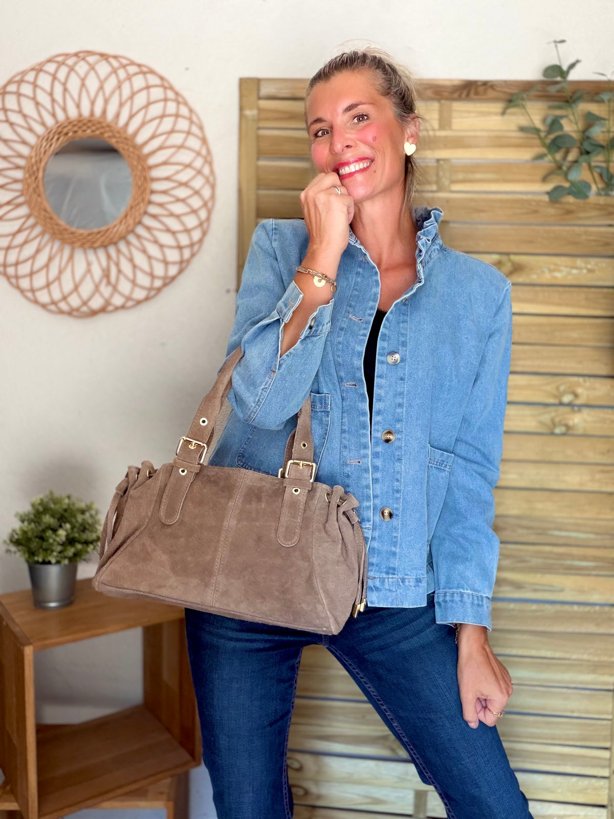 Sac à main en cuir daim GERY - Taupe