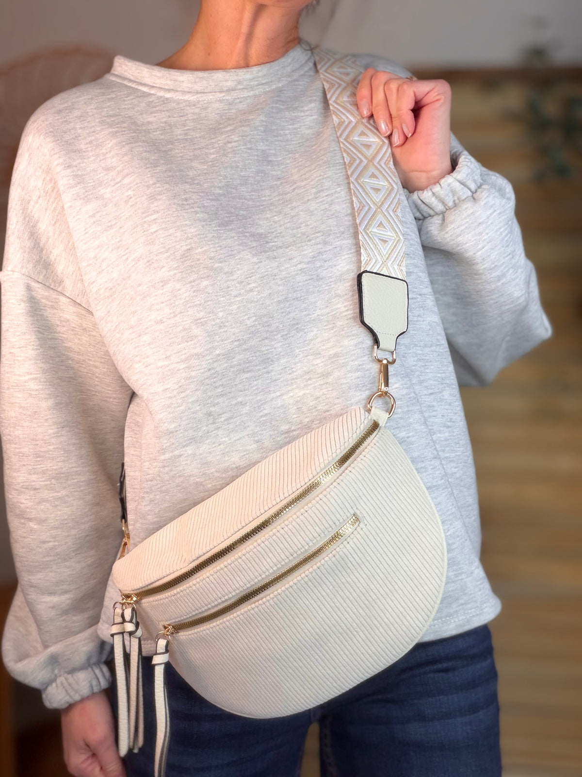 Sac banane en velours côtelé, sangle fantaisie - KATY - Beige clair - FIN DE SÉRIE