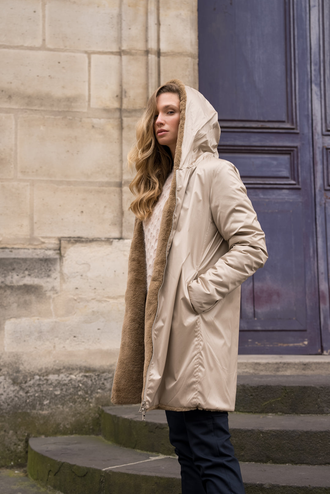 LAURA JO - Parka Imperméable réversible fourrée Sable irisé / Camel ALIX Long