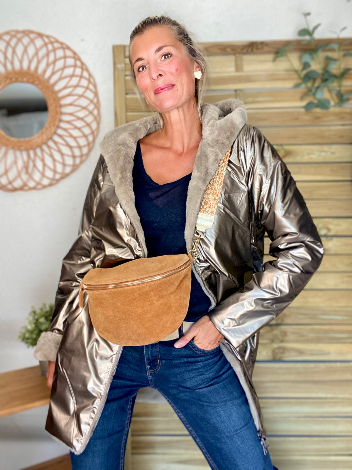 LAURA JO - Parka Imperméable réversible fourrée Bronze / Beige ALIX Long