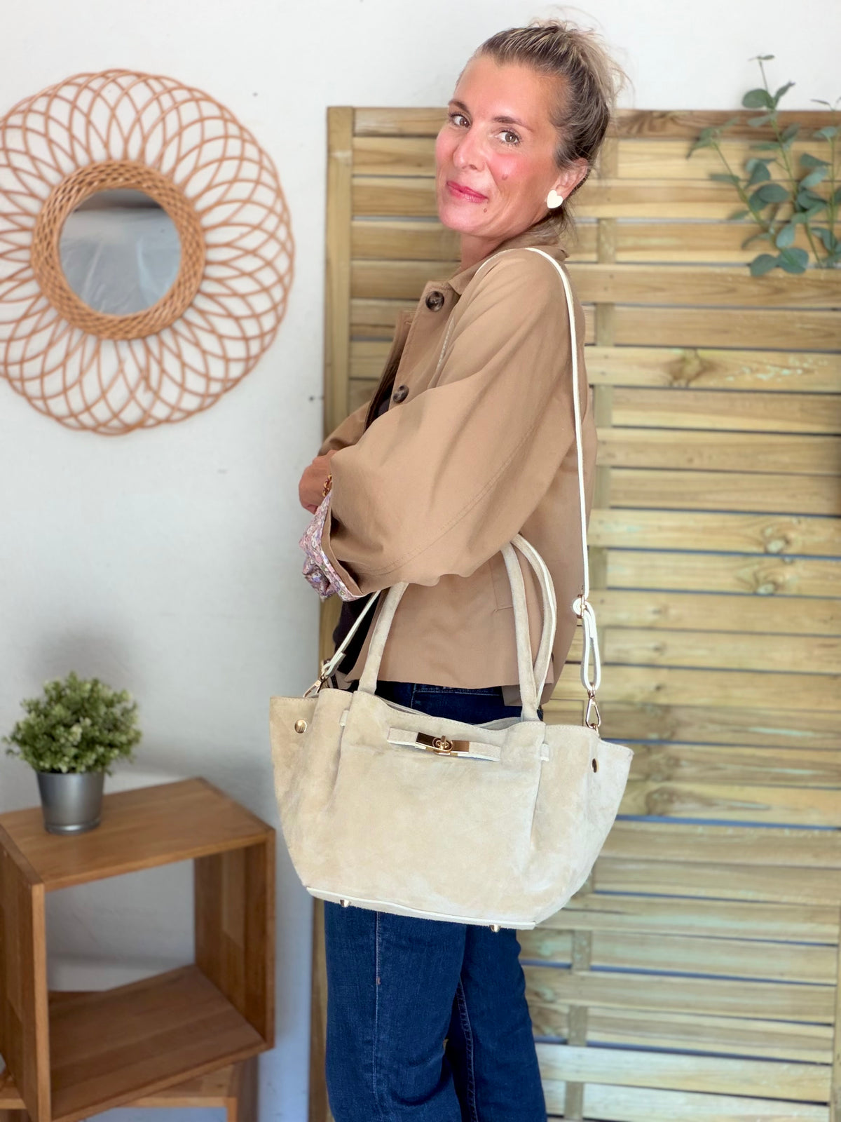 Sac cabas en cuir daim HANA - Beige