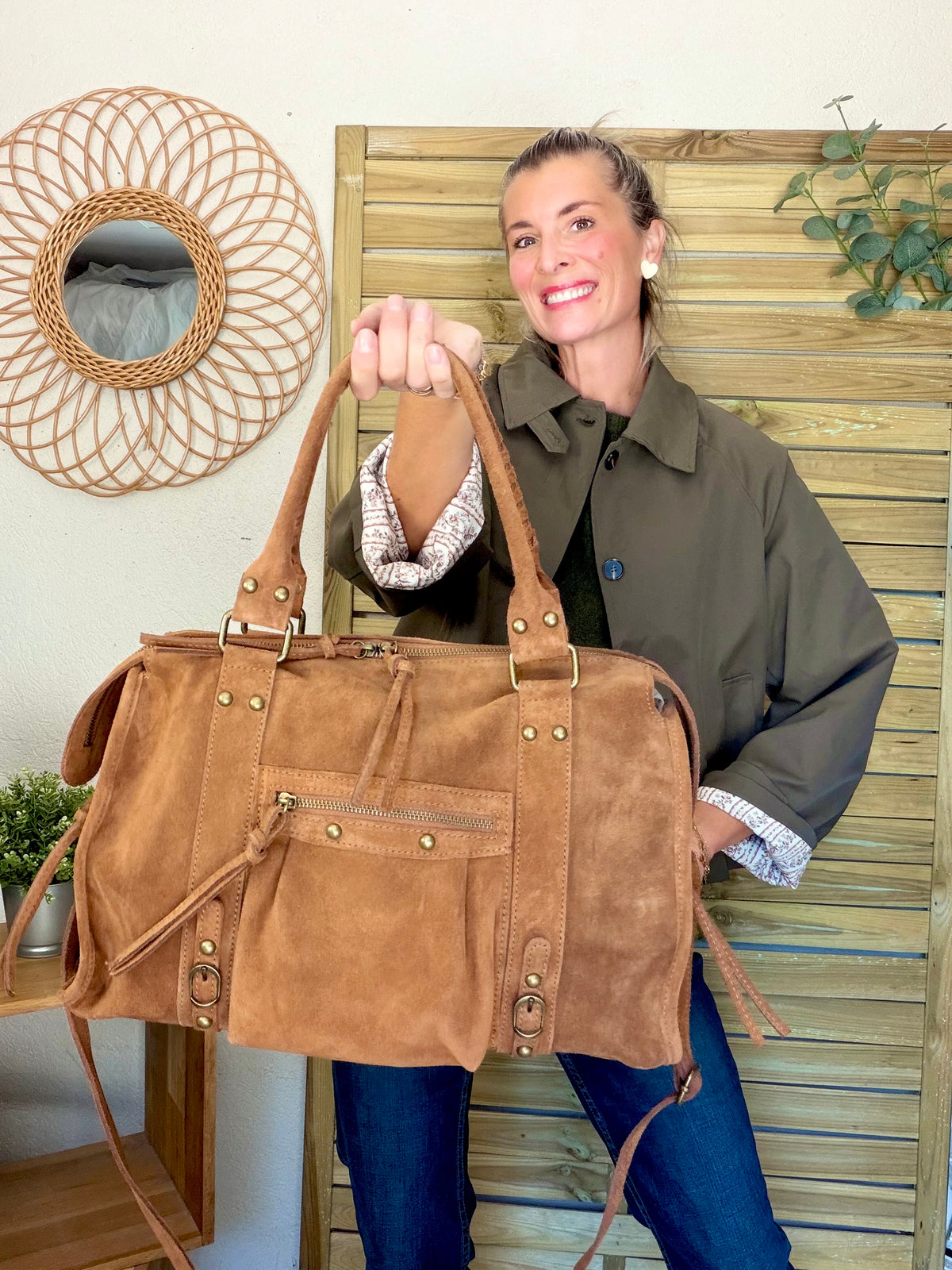 Sac cabas XL en cuir daim • HUNTER Camel