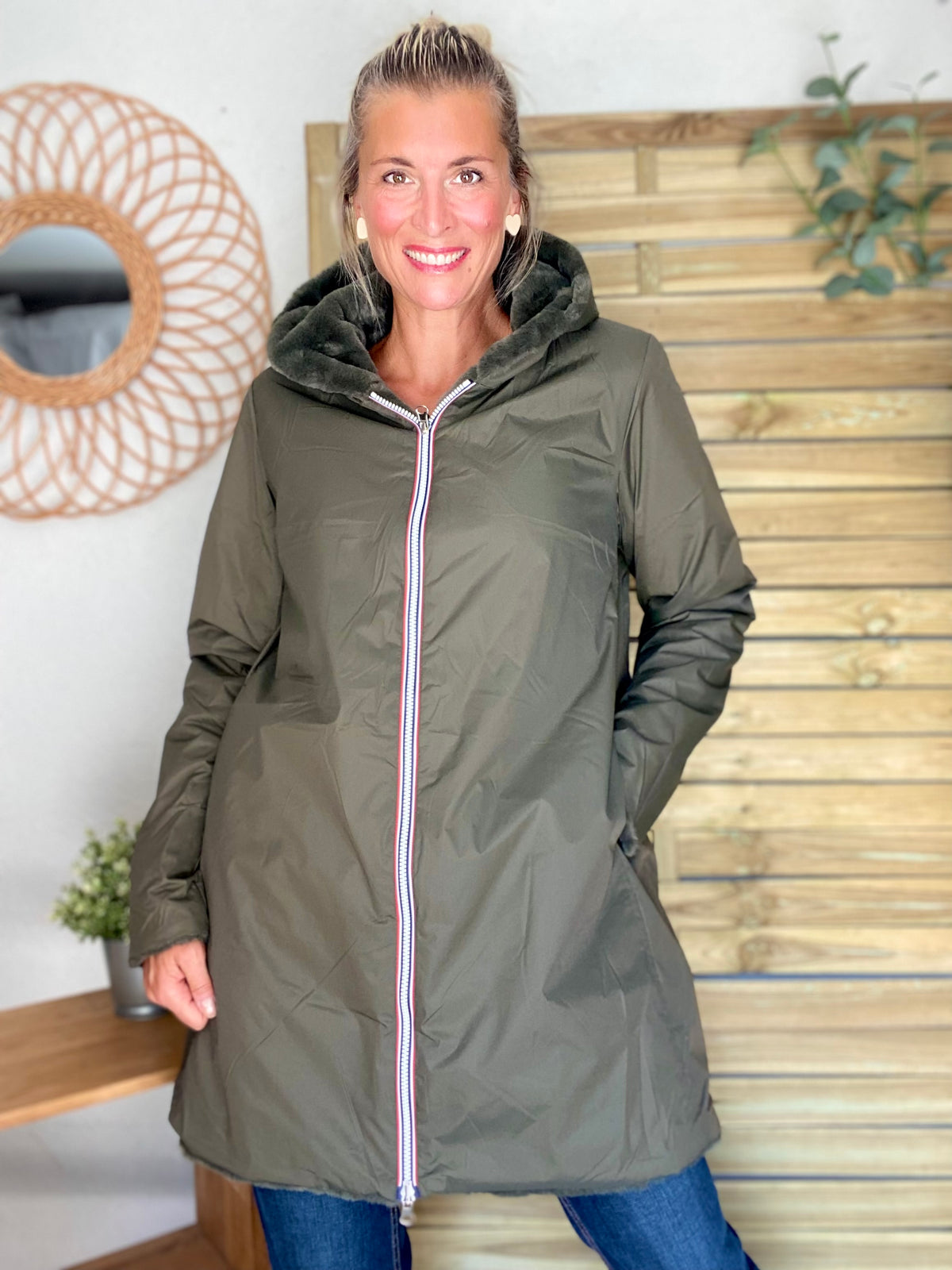 LAURA JO - Parka Imperméable réversible fourrée Kaki / Kaki ALIX Long • DÉSTOCKAGE sur Taille S