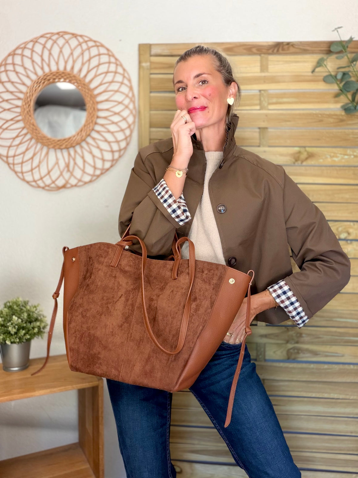 Grand Sac cabas 2 en 1 en simili daim - PAULE Camel