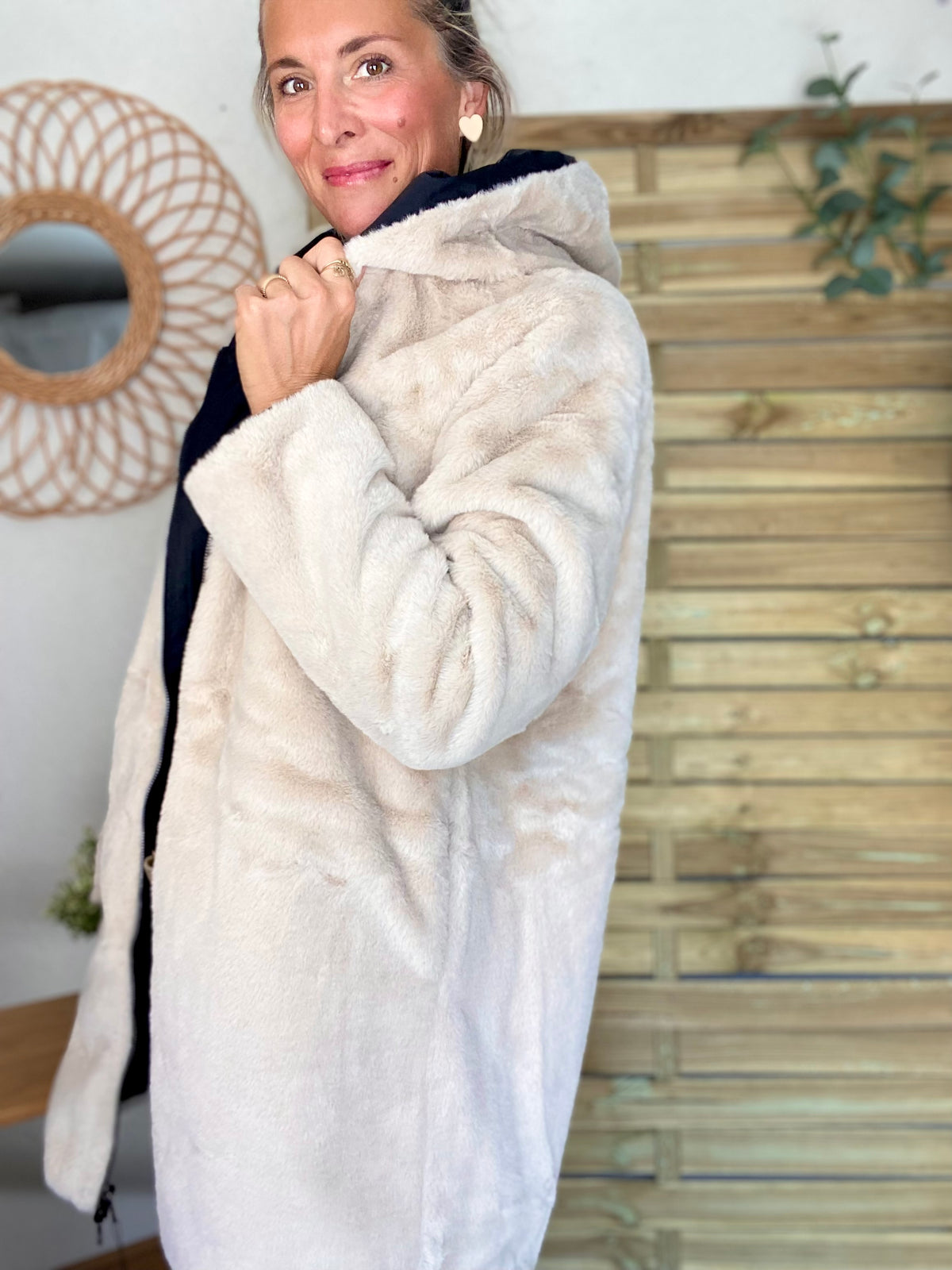 LAURA JO - Parka Imperméable réversible fourrée Noir / Beige ALIX long