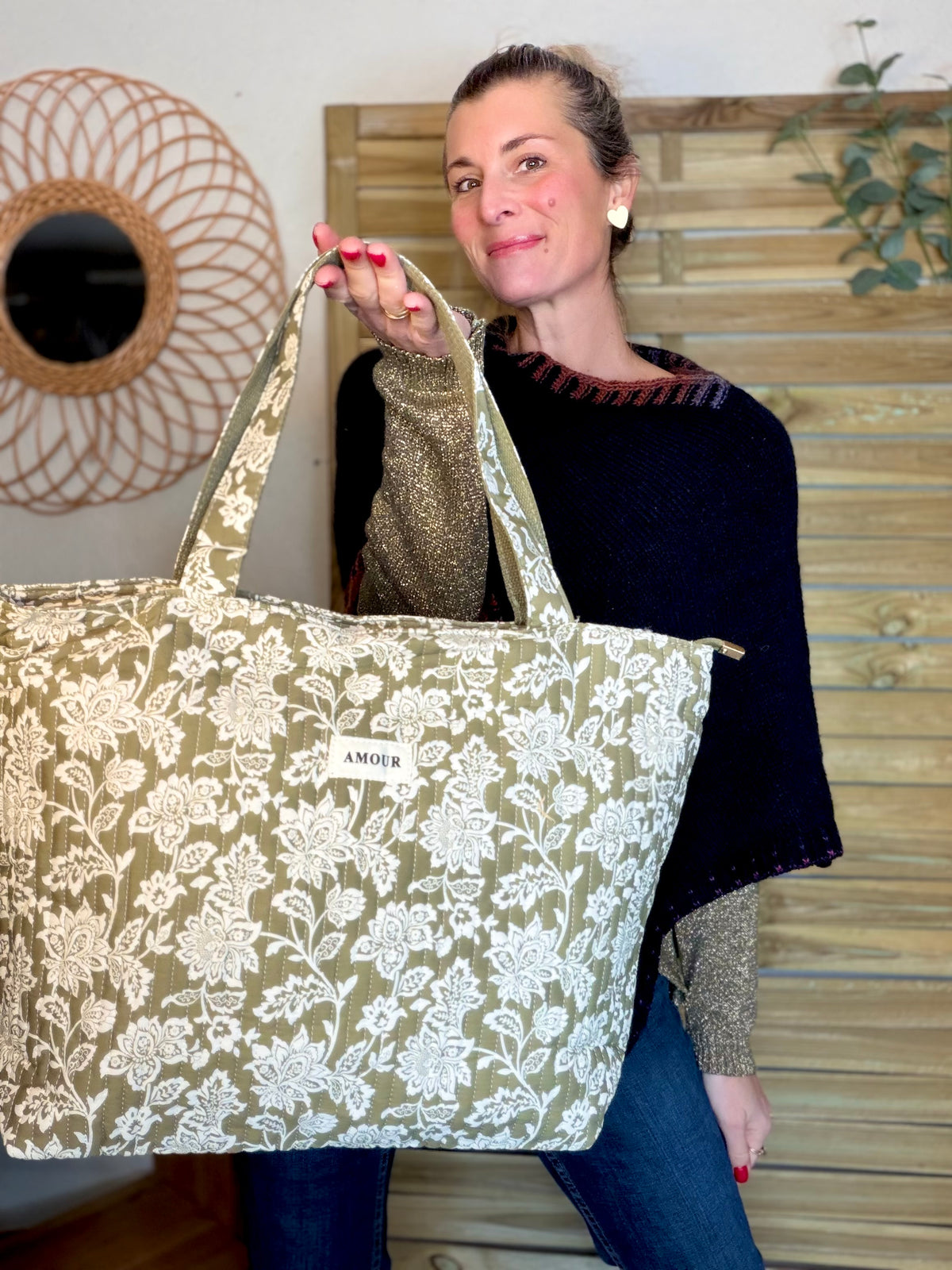 Sac cabas imprimé PIERCE - fleuri Kaki - FIN DE SÉRIE