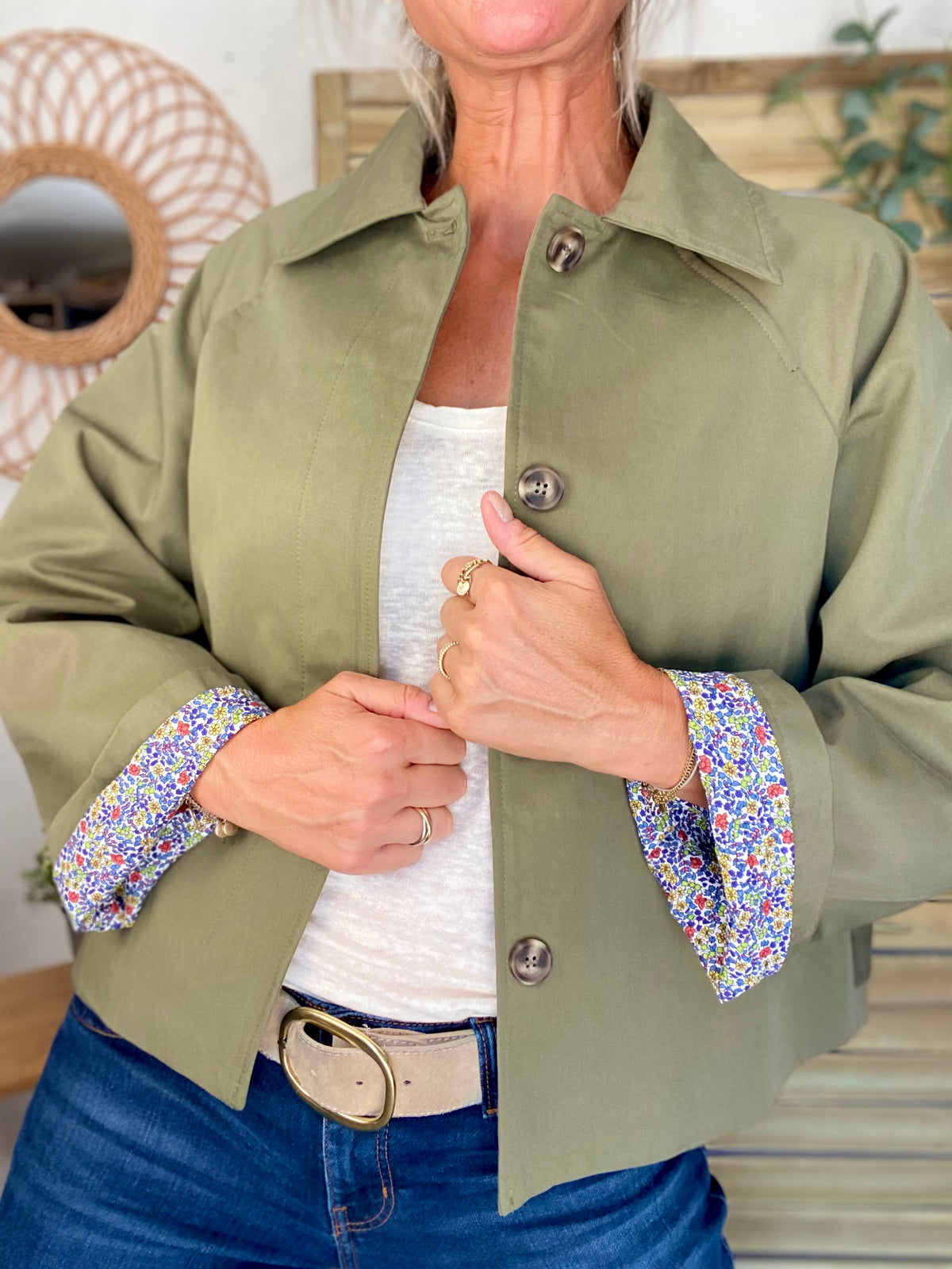 Veste Trench en coton kaki avec Liberty - MAHAUT - LILI et LALA