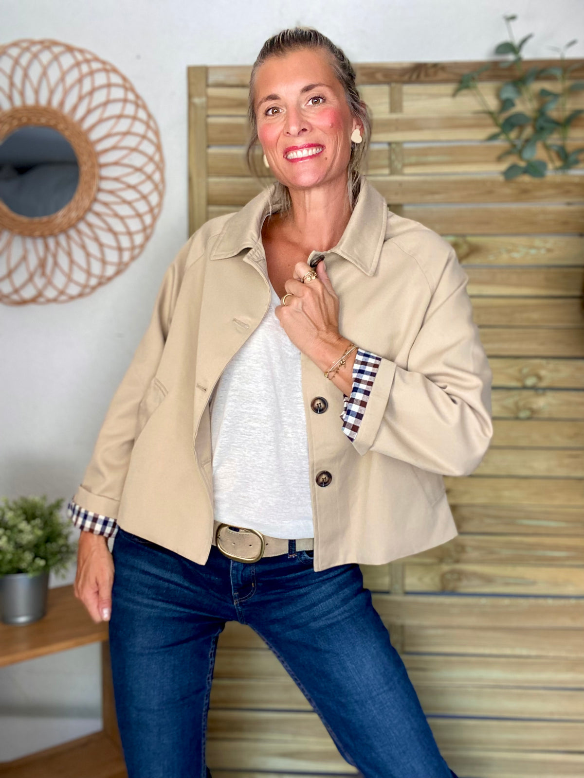 Veste Trench en coton, revers carreaux - YSEULT court Beige