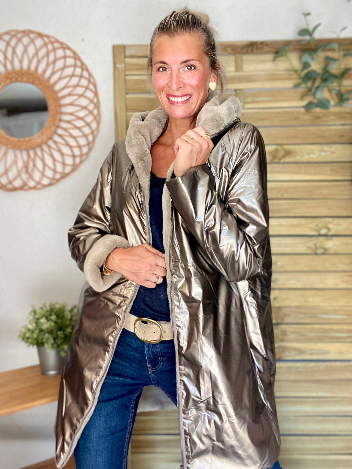 LAURA JO - Parka Imperméable réversible fourrée Bronze / Beige ALIX Long