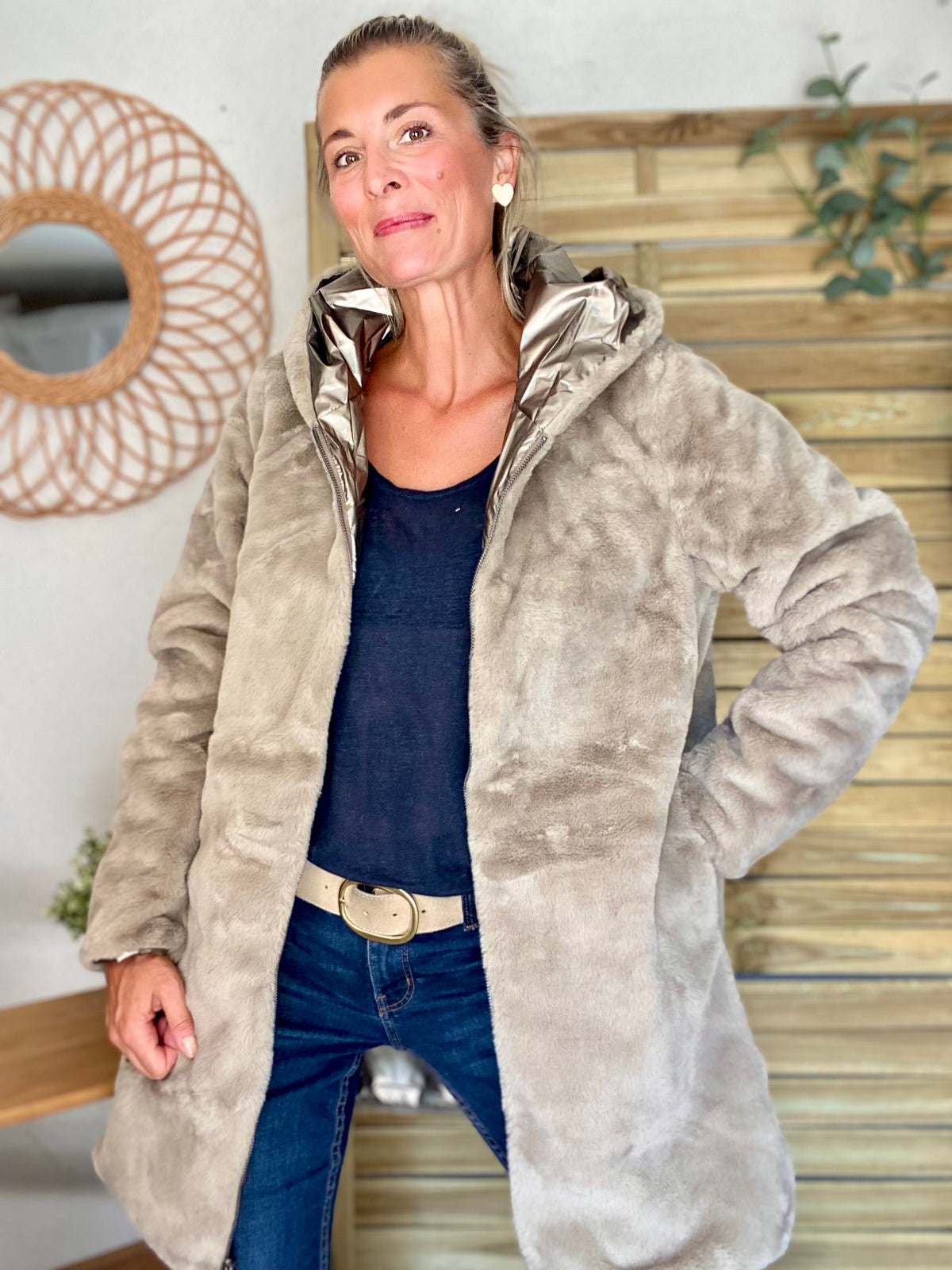 LAURA JO - Parka Imperméable réversible fourrée Bronze / Beige ALIX Long