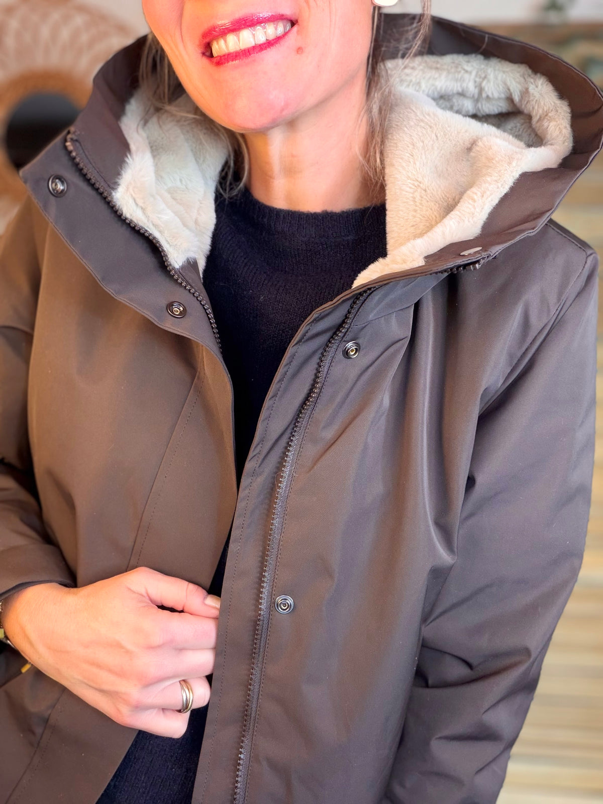 LAURA JO - Parka fourrée imperméable AMBRE LONG - Chocolat / Beige