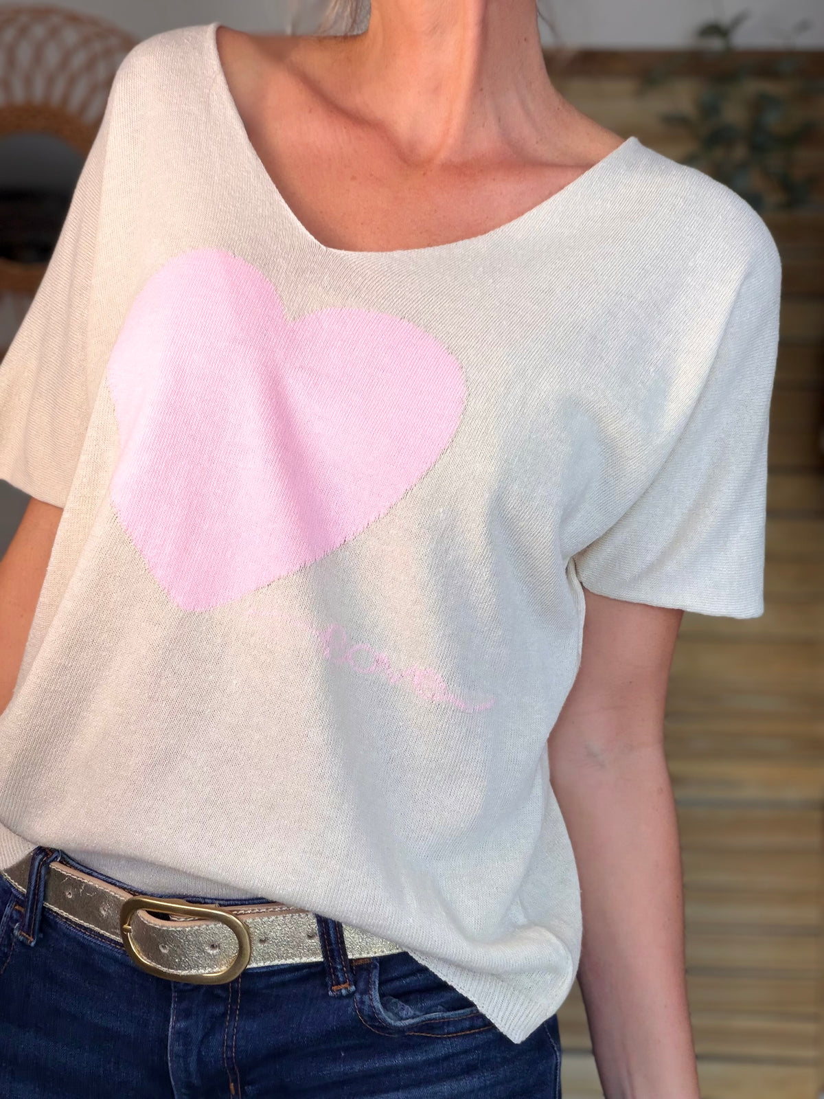 Pull fin col V gros cœur rose 🩷 PÉNÉLOPE - FIN DE SÉRIE