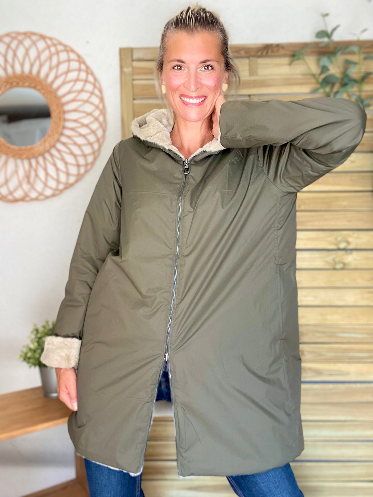 LAURA JO - Parka Imperméable réversible fourrée Kaki / Beige ALIX Long