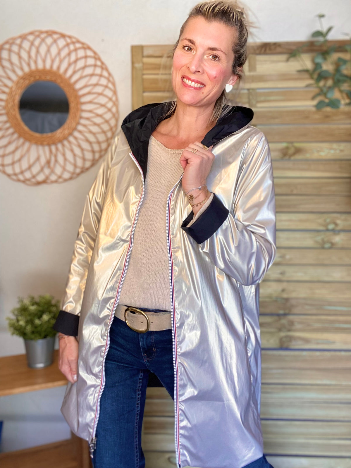 LAURA JO - Imperméable réversible léger GARANCE LONG - Noir/Doré • DESTOCKAGE sur Taille S