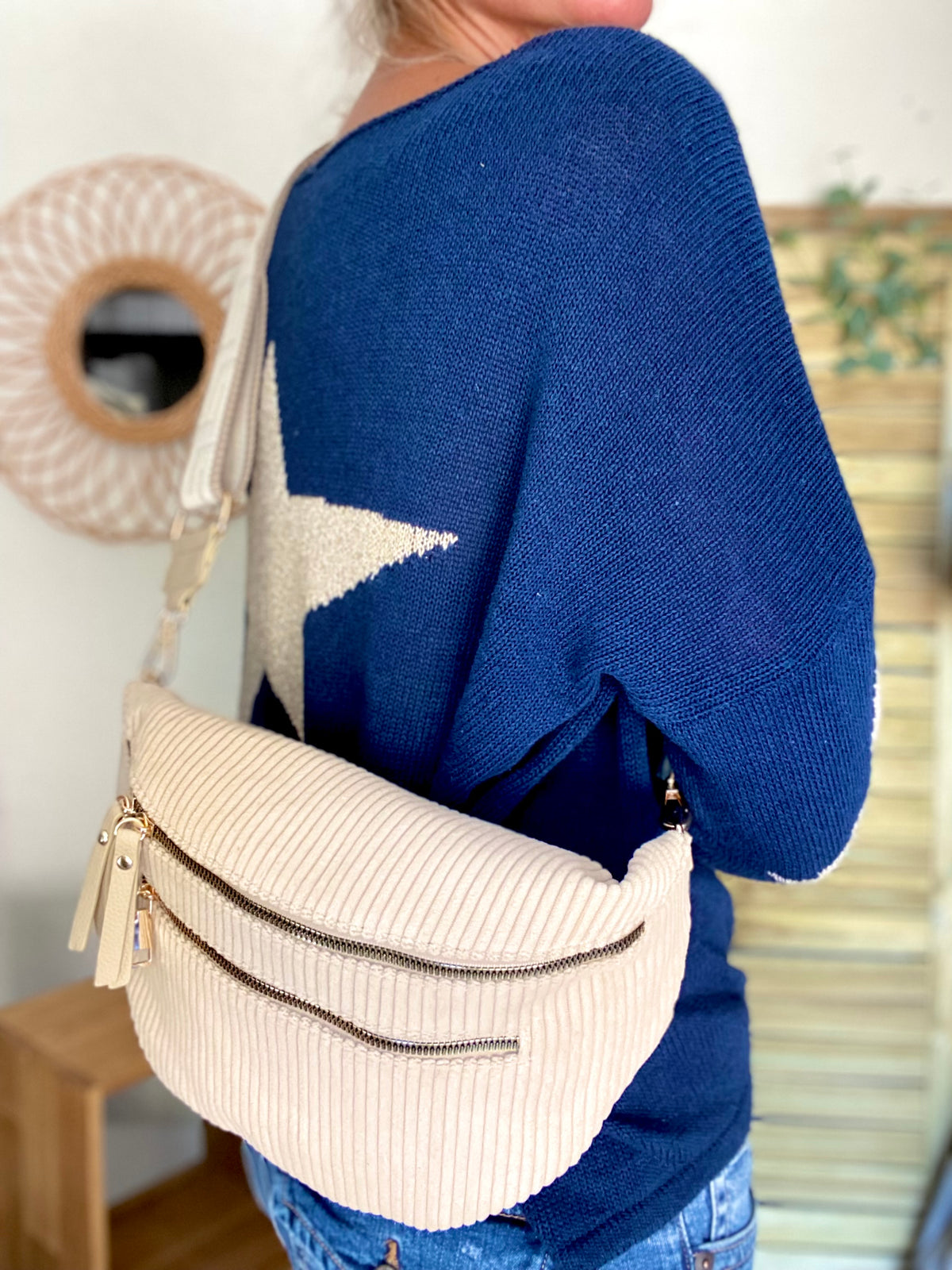 Sac banane XL en velours côtelé 2 zips et sangle fantaisie - WENDY - Beige